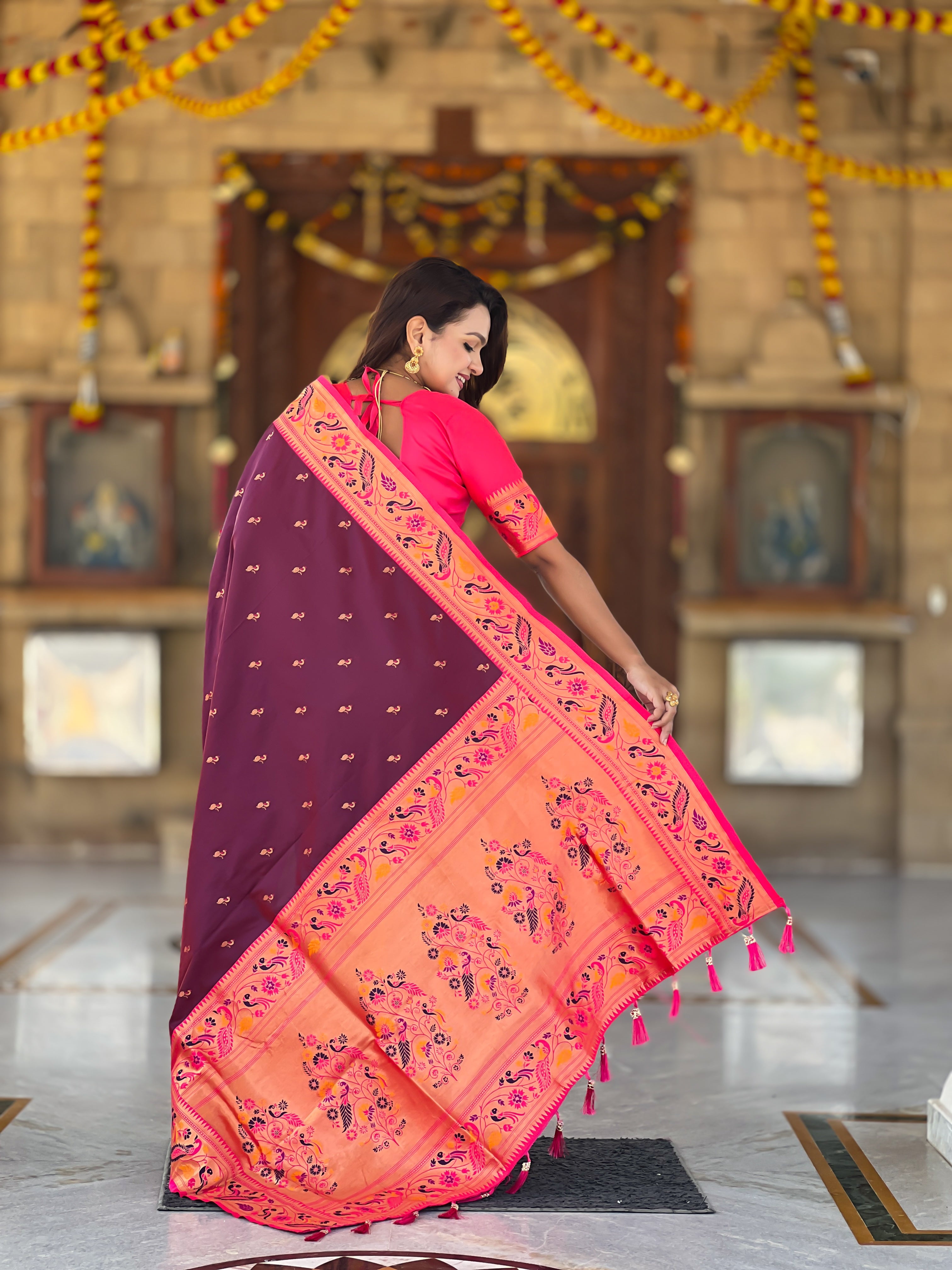 Wine Wedding Wear Soft Paithani Silk Saree