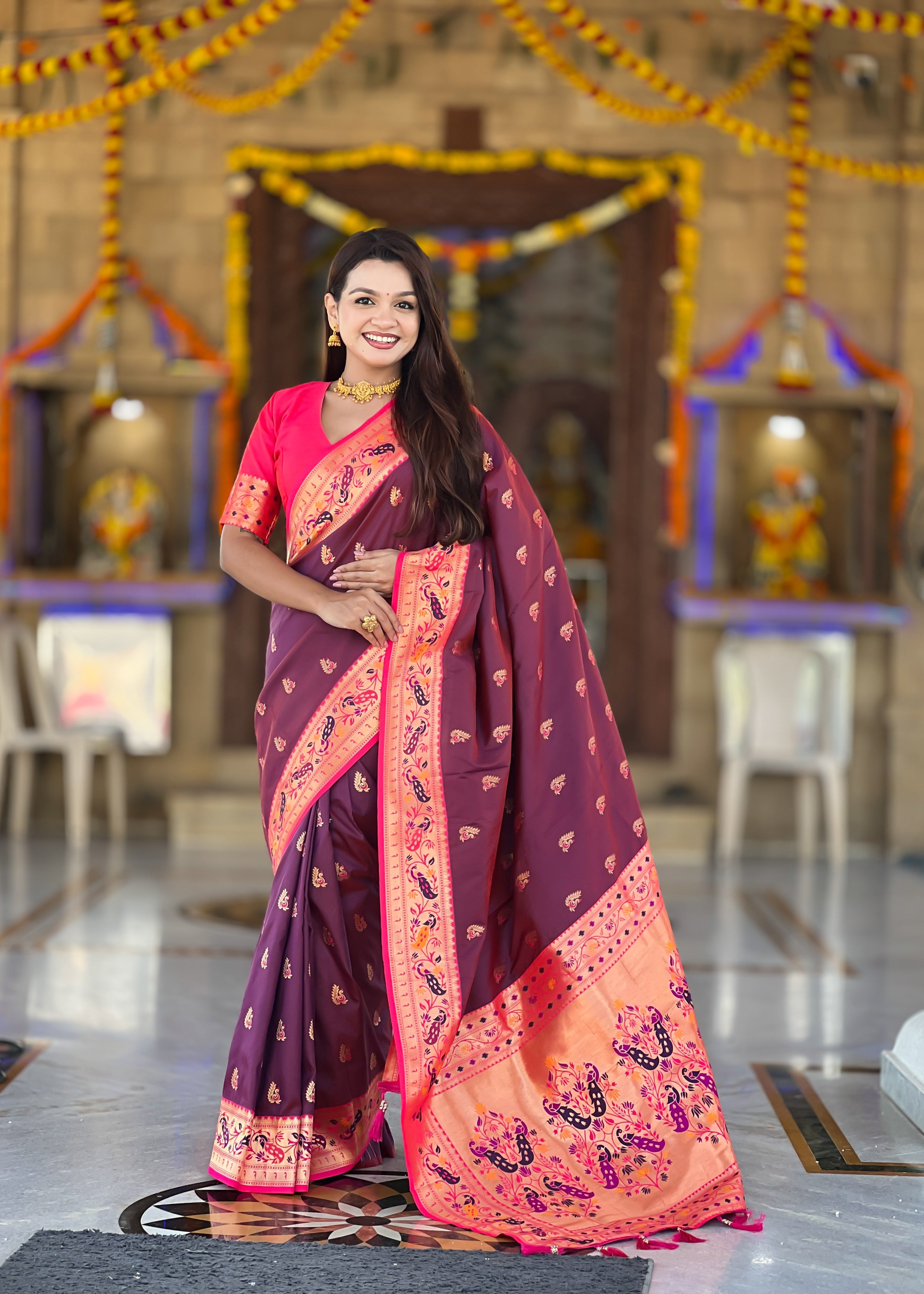Wine Wedding Wear Soft Paithani Silk Saree