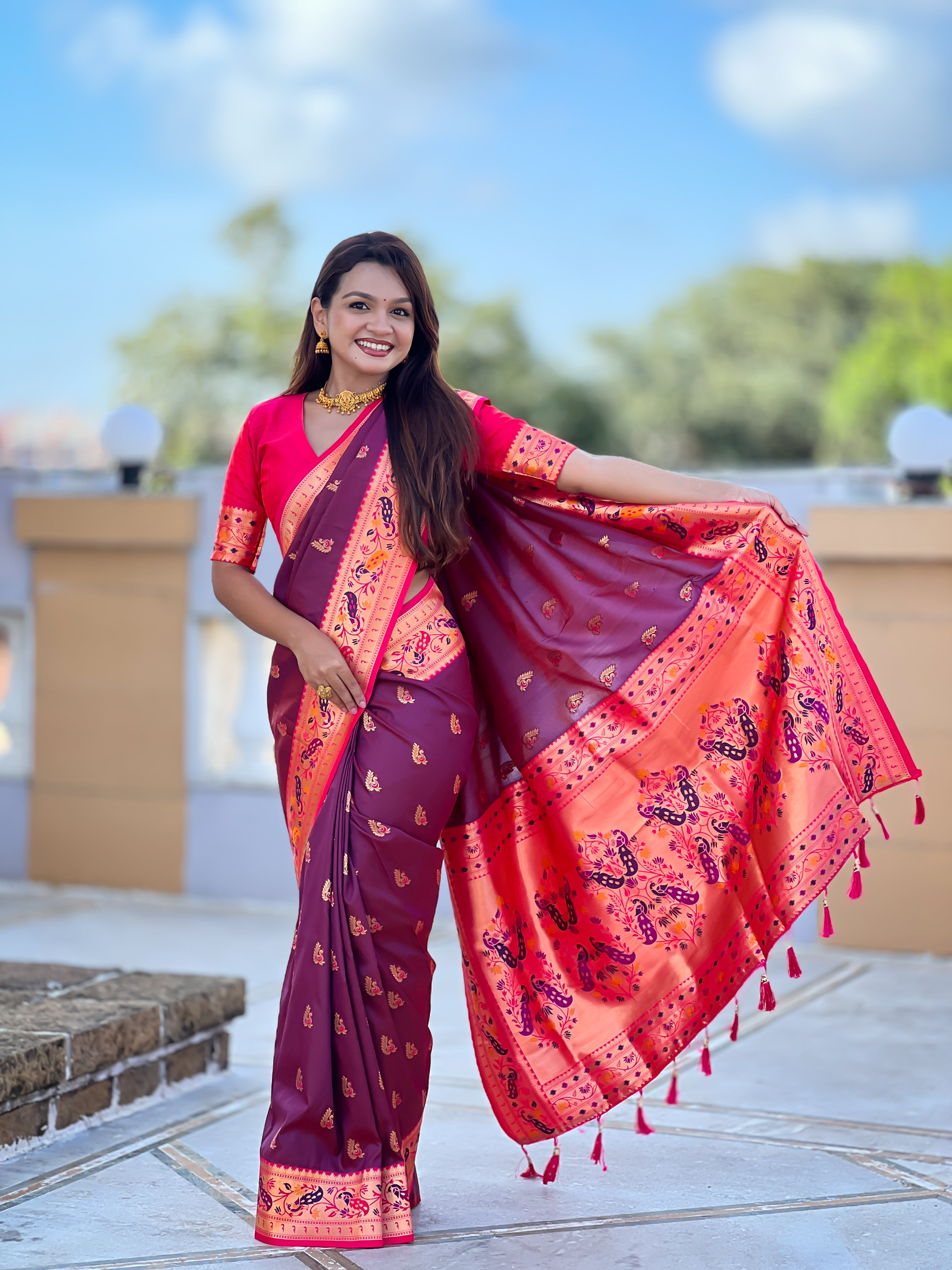 Wine Wedding Wear Soft Paithani Silk Saree