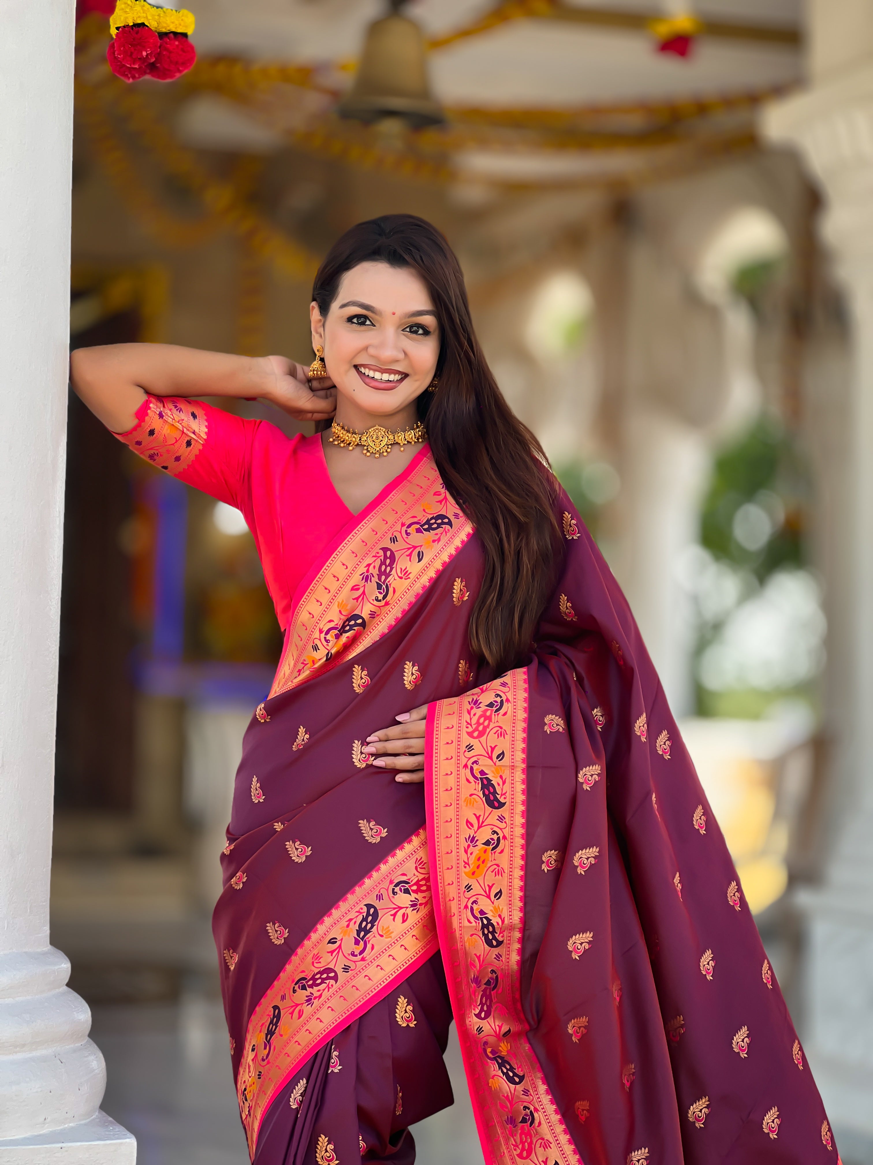 Wine Wedding Wear Soft Paithani Silk Saree