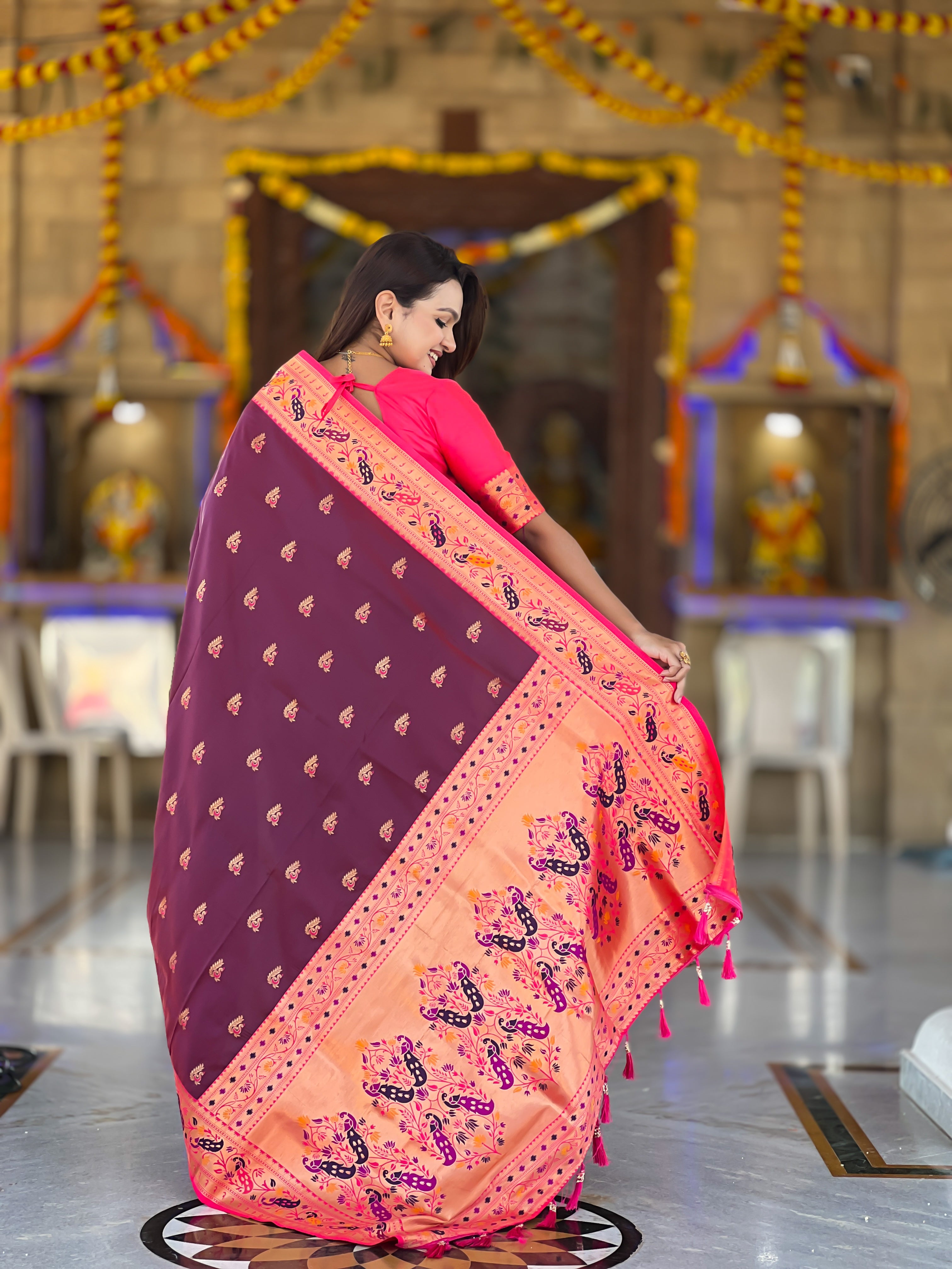Wine Wedding Wear Soft Paithani Silk Saree
