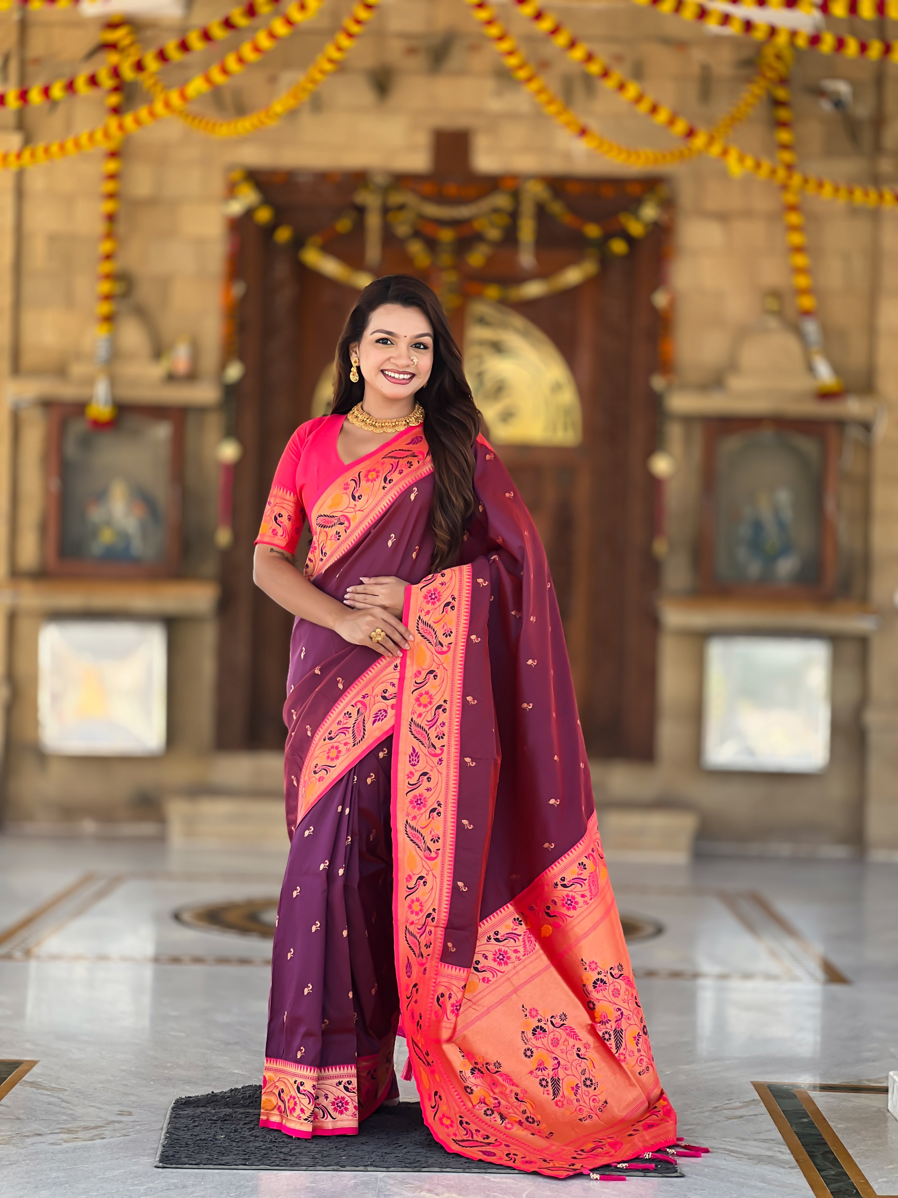 Wine Wedding Wear Soft Paithani Silk Saree