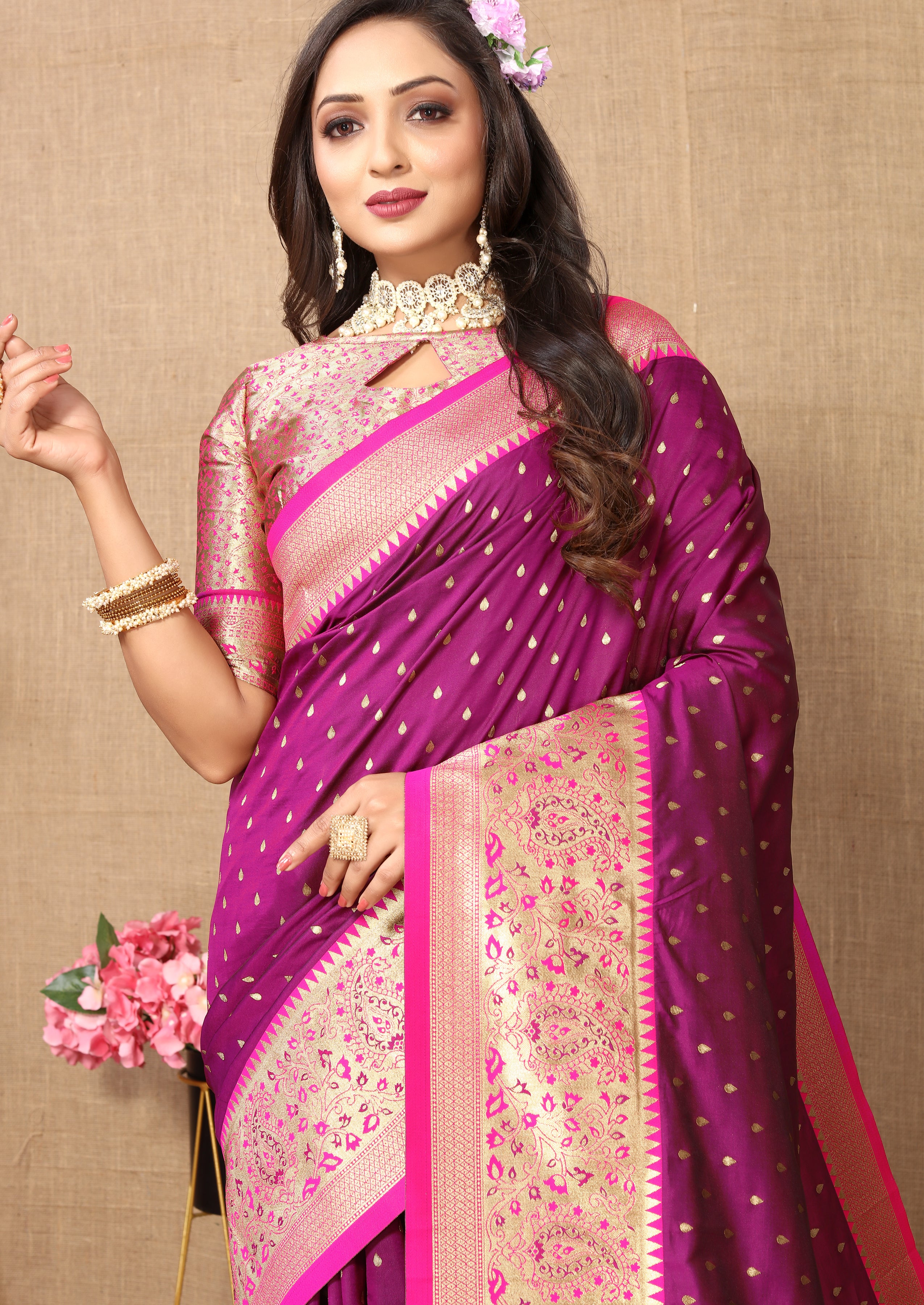 Wine Wedding Wear Soft Silk Saree