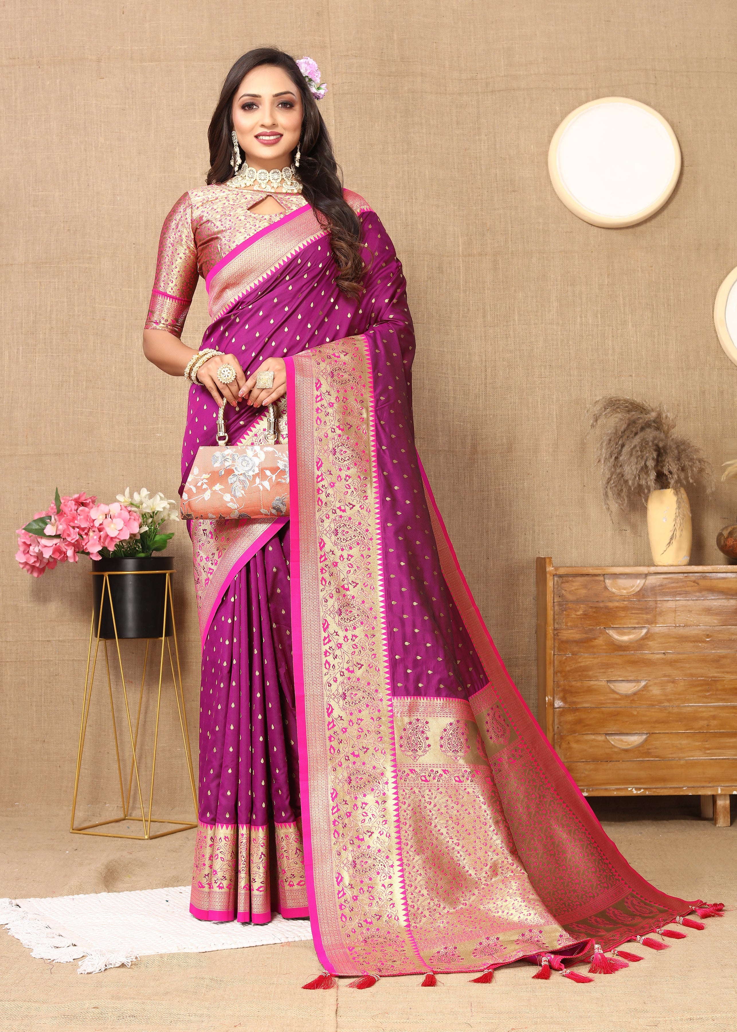 Wine Wedding Wear Soft Silk Saree