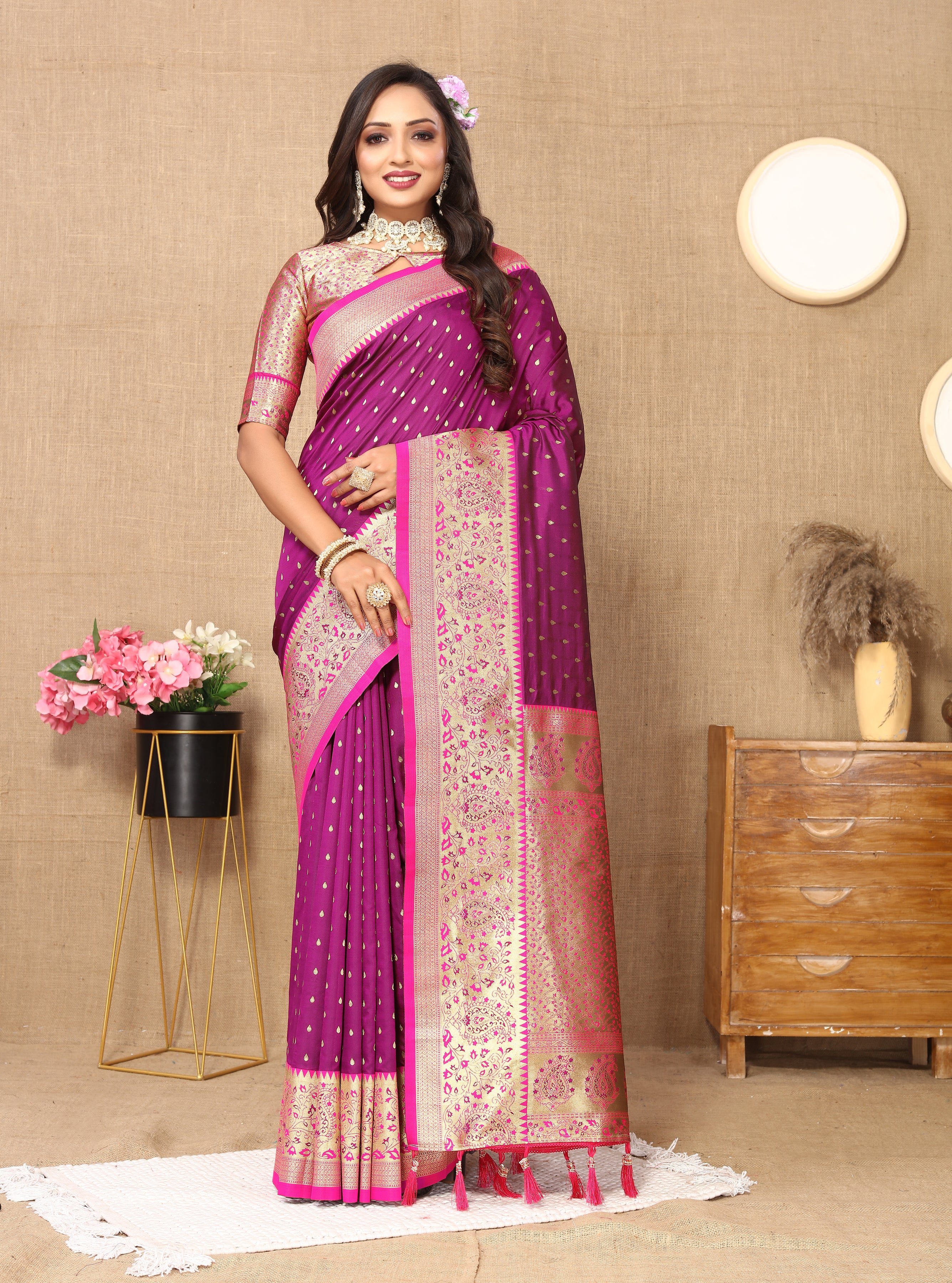 Wine Wedding Wear Soft Silk Saree