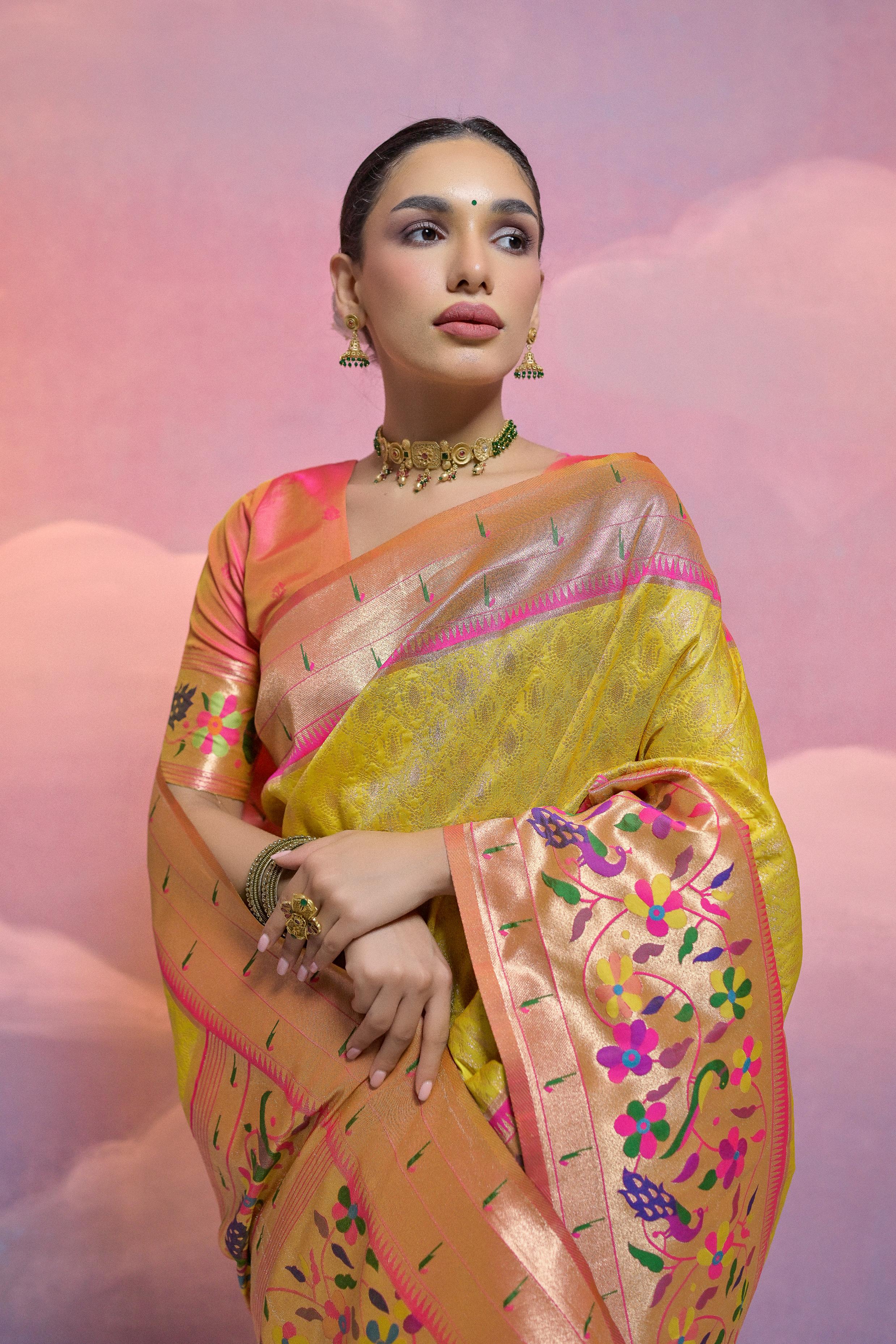 Yellow Banarasi Silk Paithani Saree