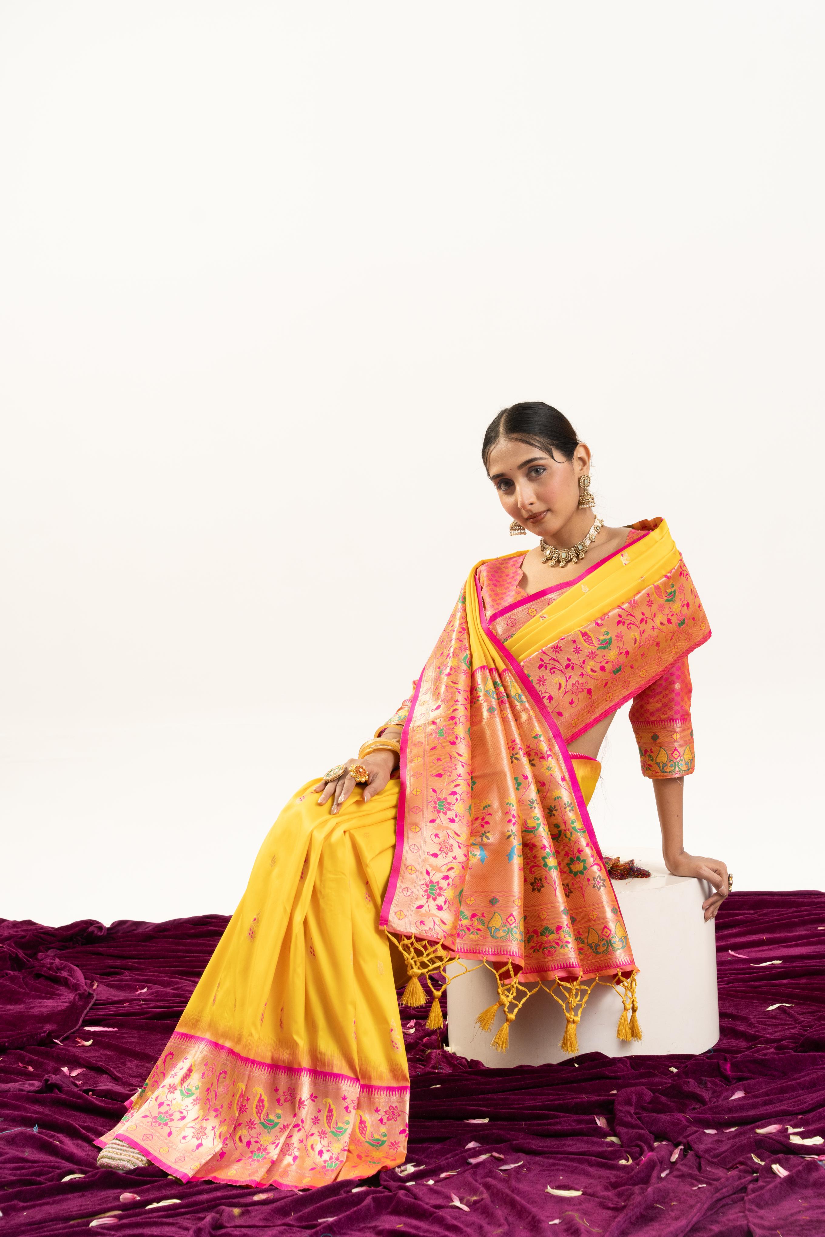 Yellow Banarasi Silk Paithani Saree