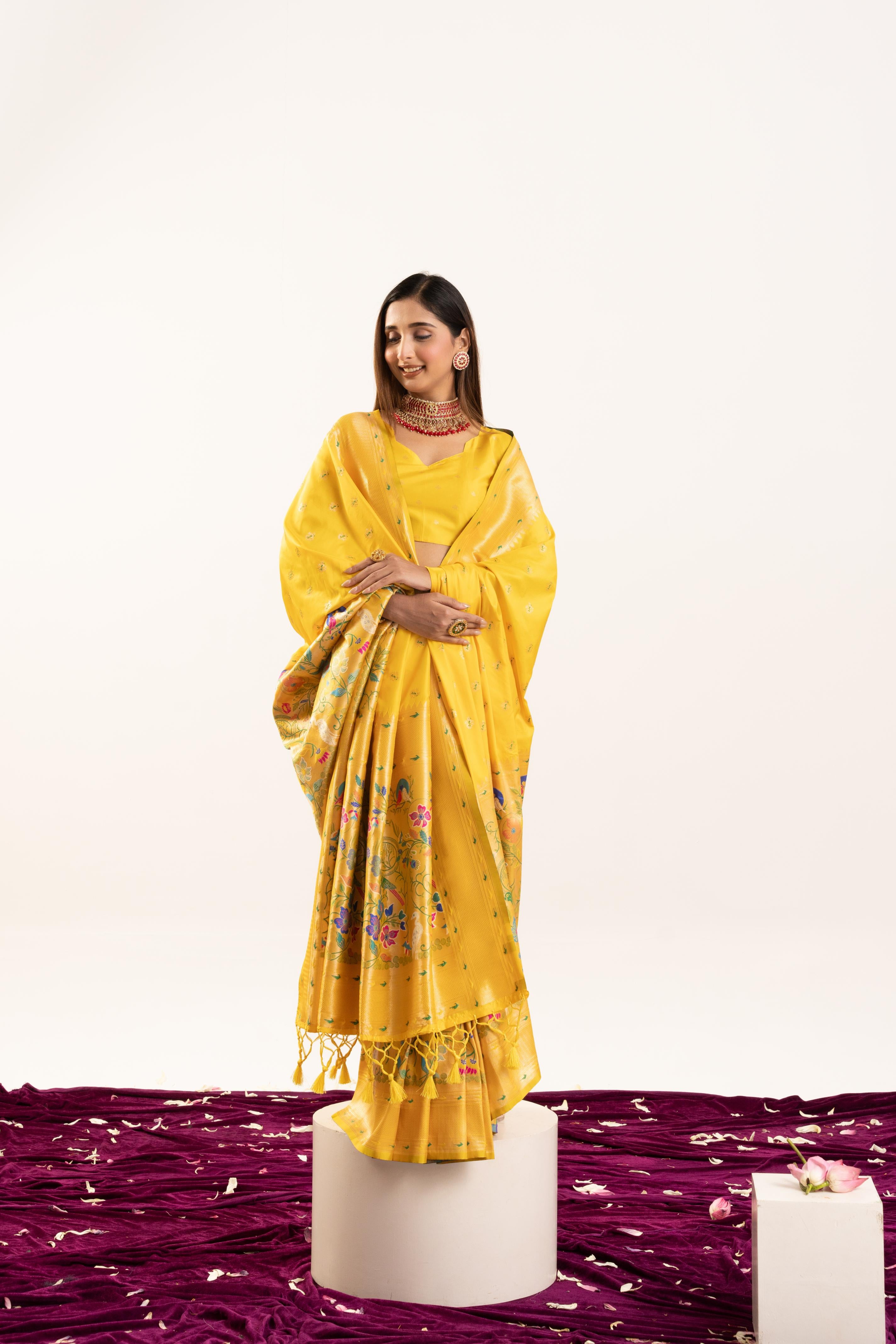 Yellow Banarasi Silk Paithani Saree