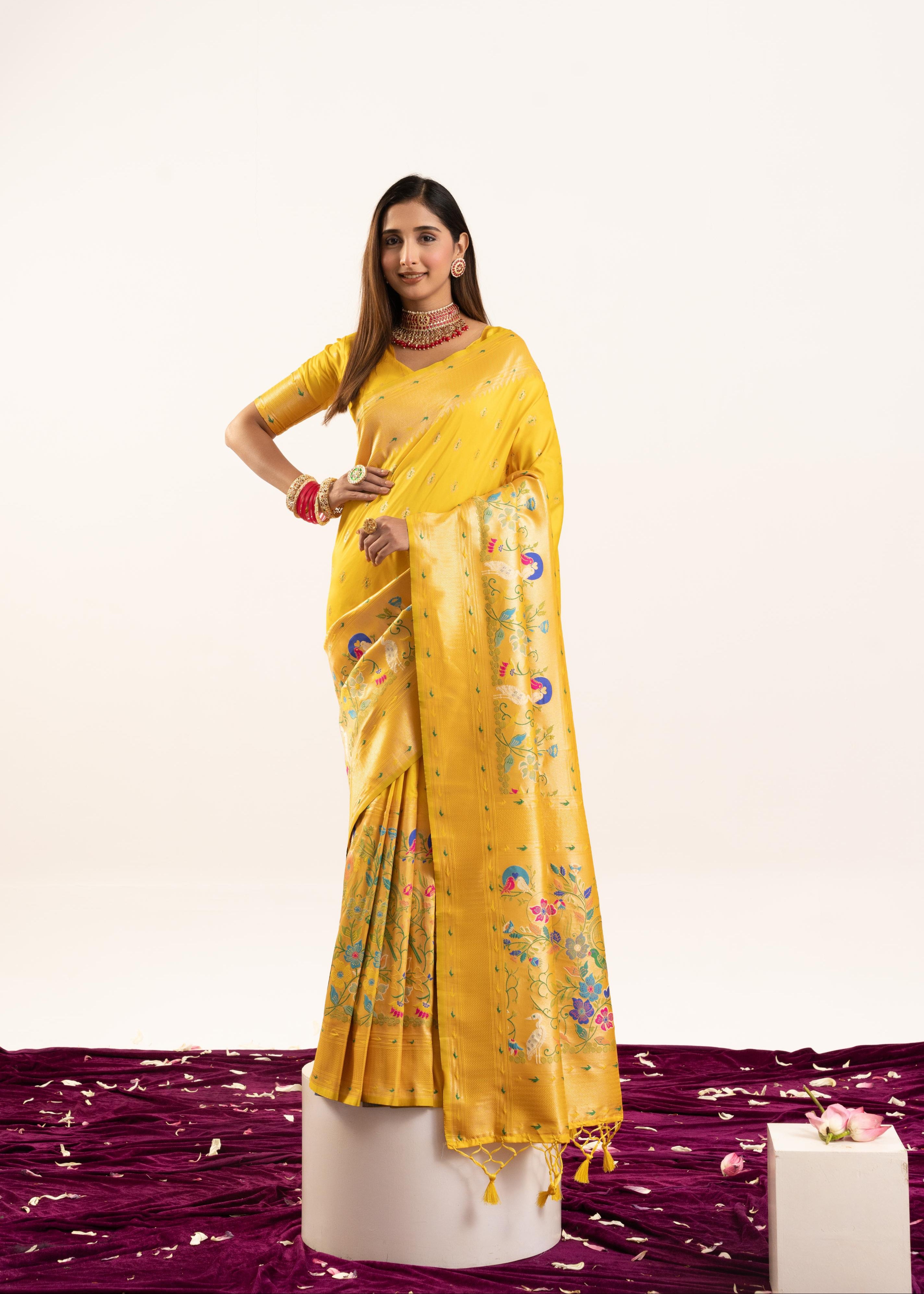 Yellow Banarasi Silk Paithani Saree