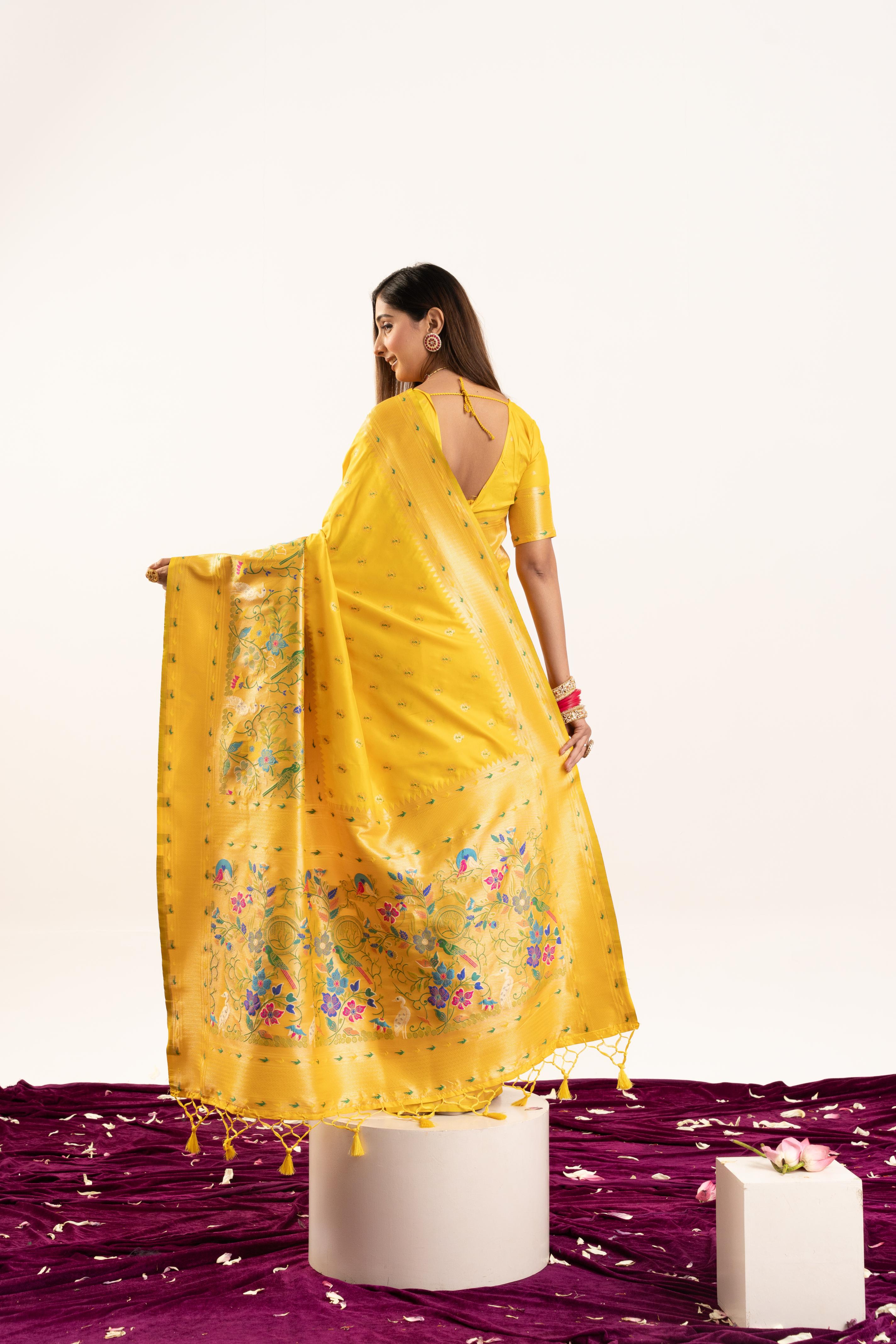 Yellow Banarasi Silk Paithani Saree