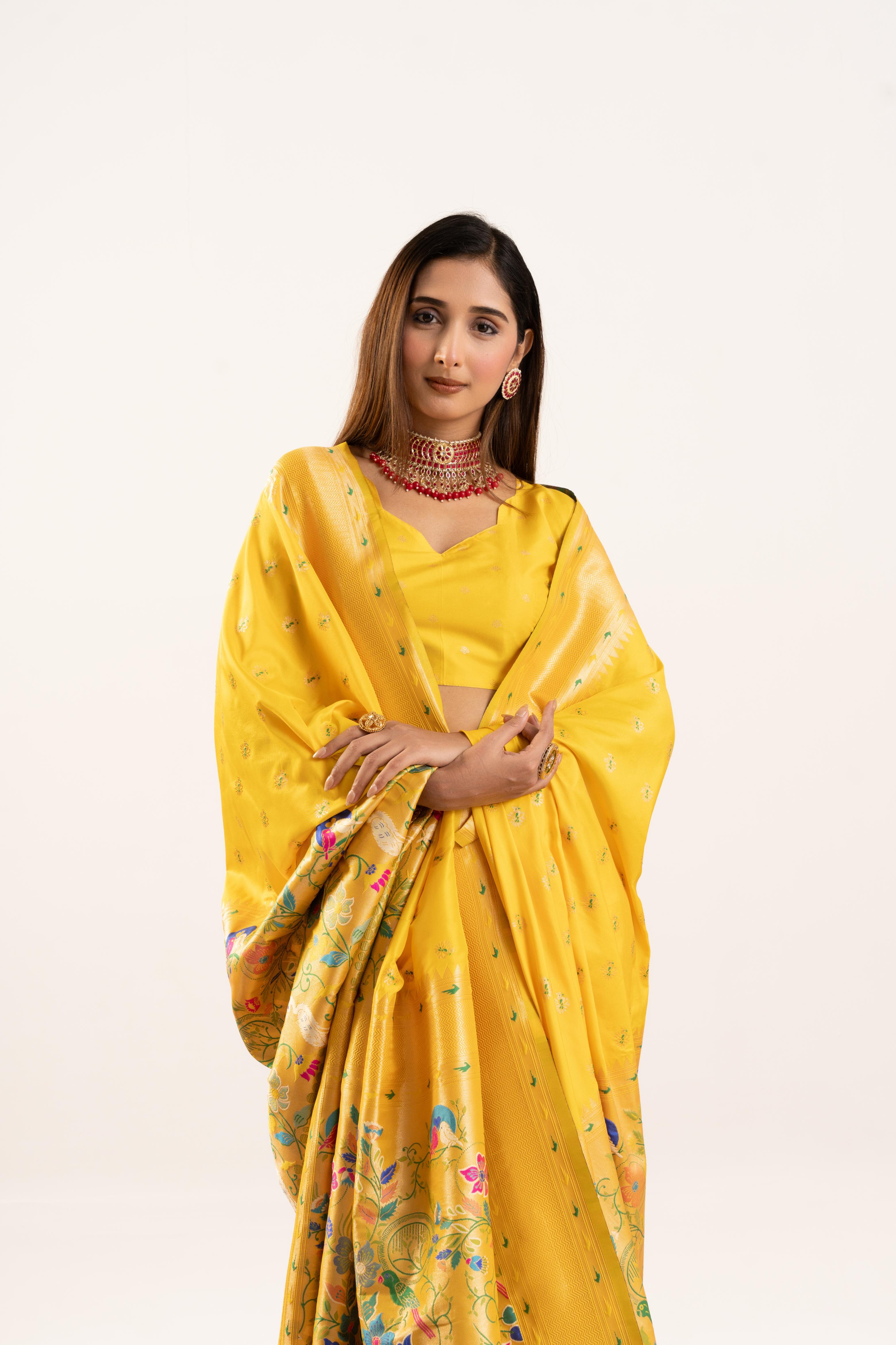 Yellow Banarasi Silk Paithani Saree