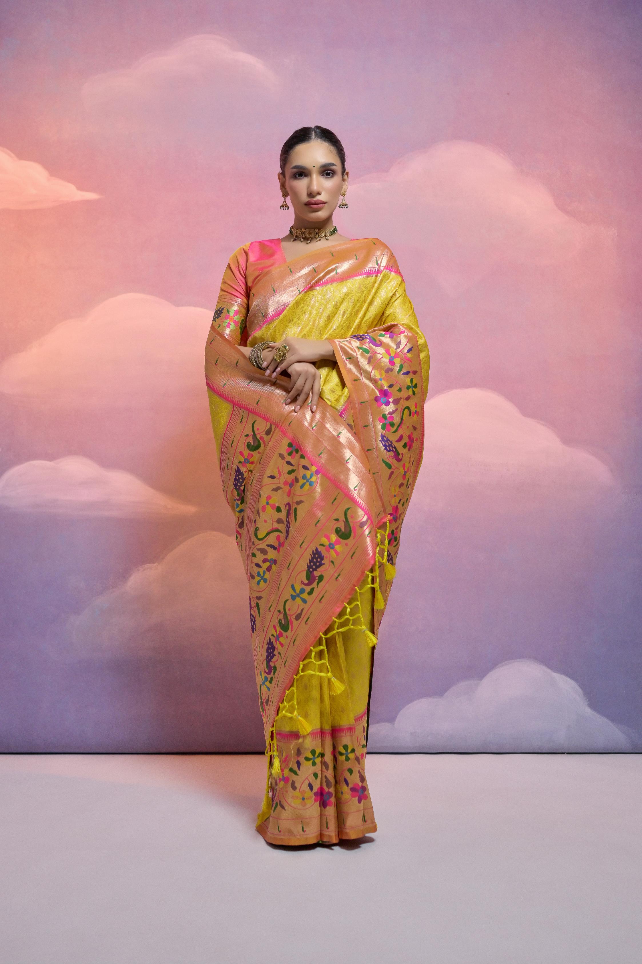 Yellow Banarasi Silk Paithani Saree