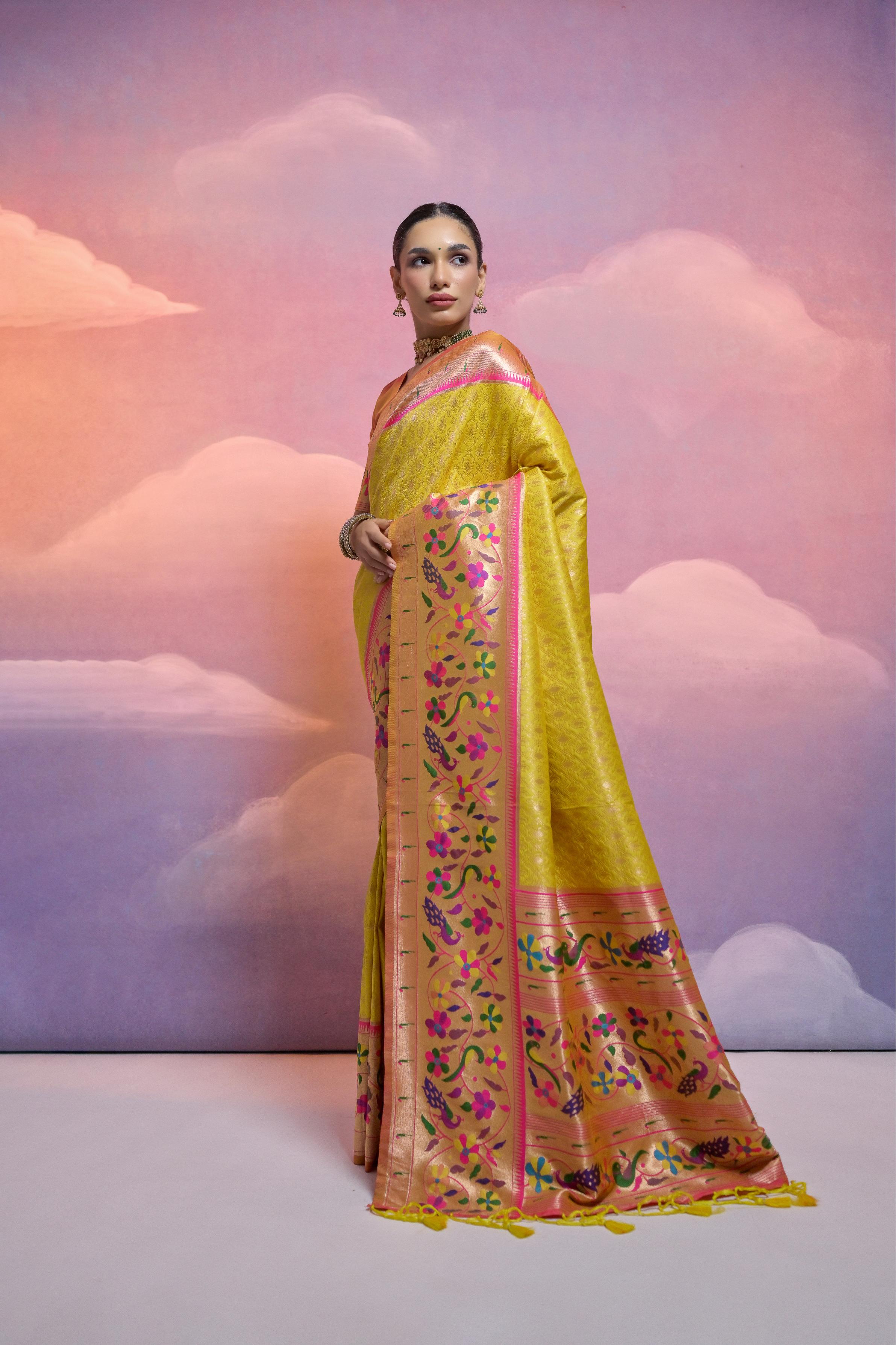 Yellow Banarasi Silk Paithani Saree