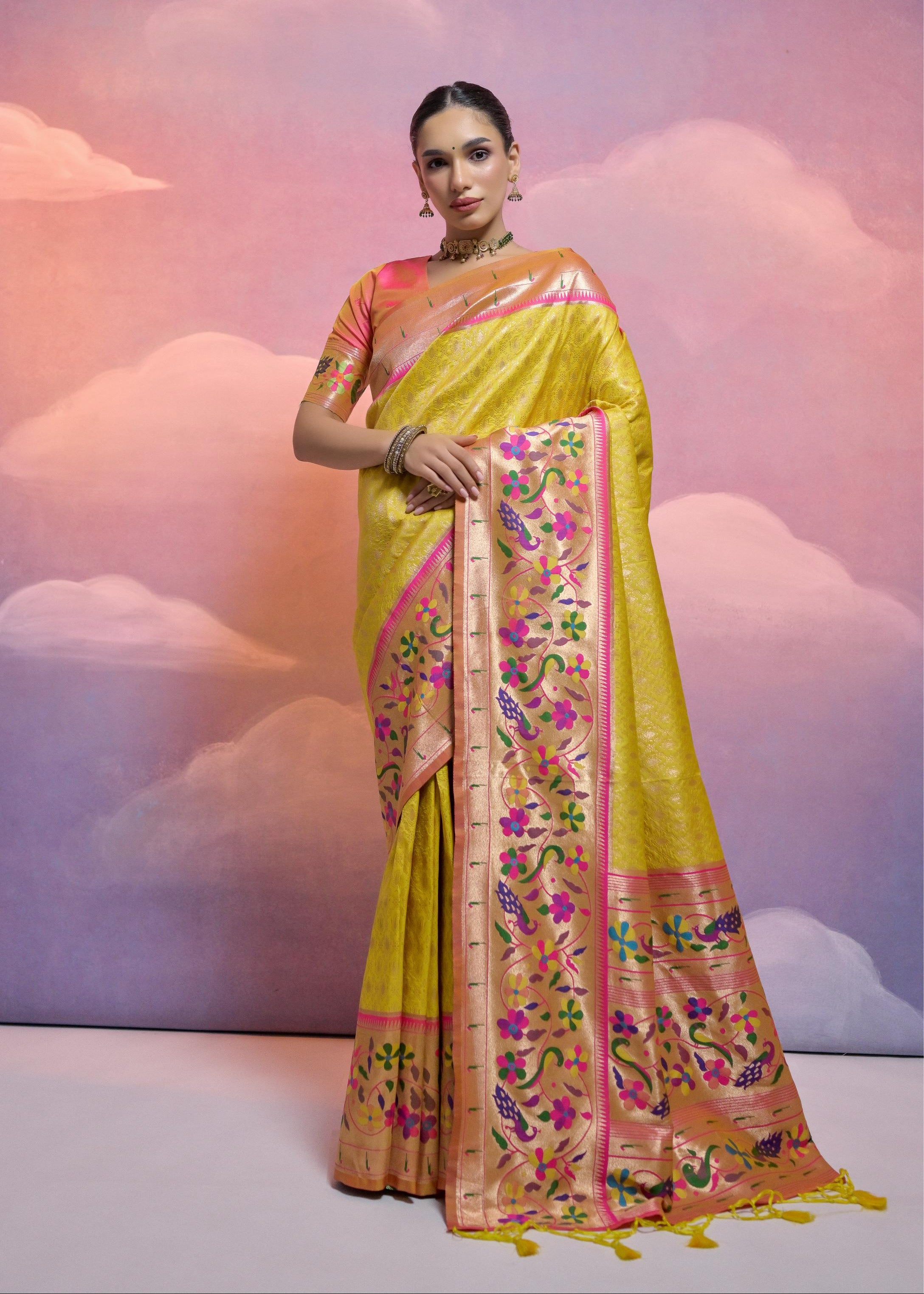 Yellow Banarasi Silk Paithani Saree
