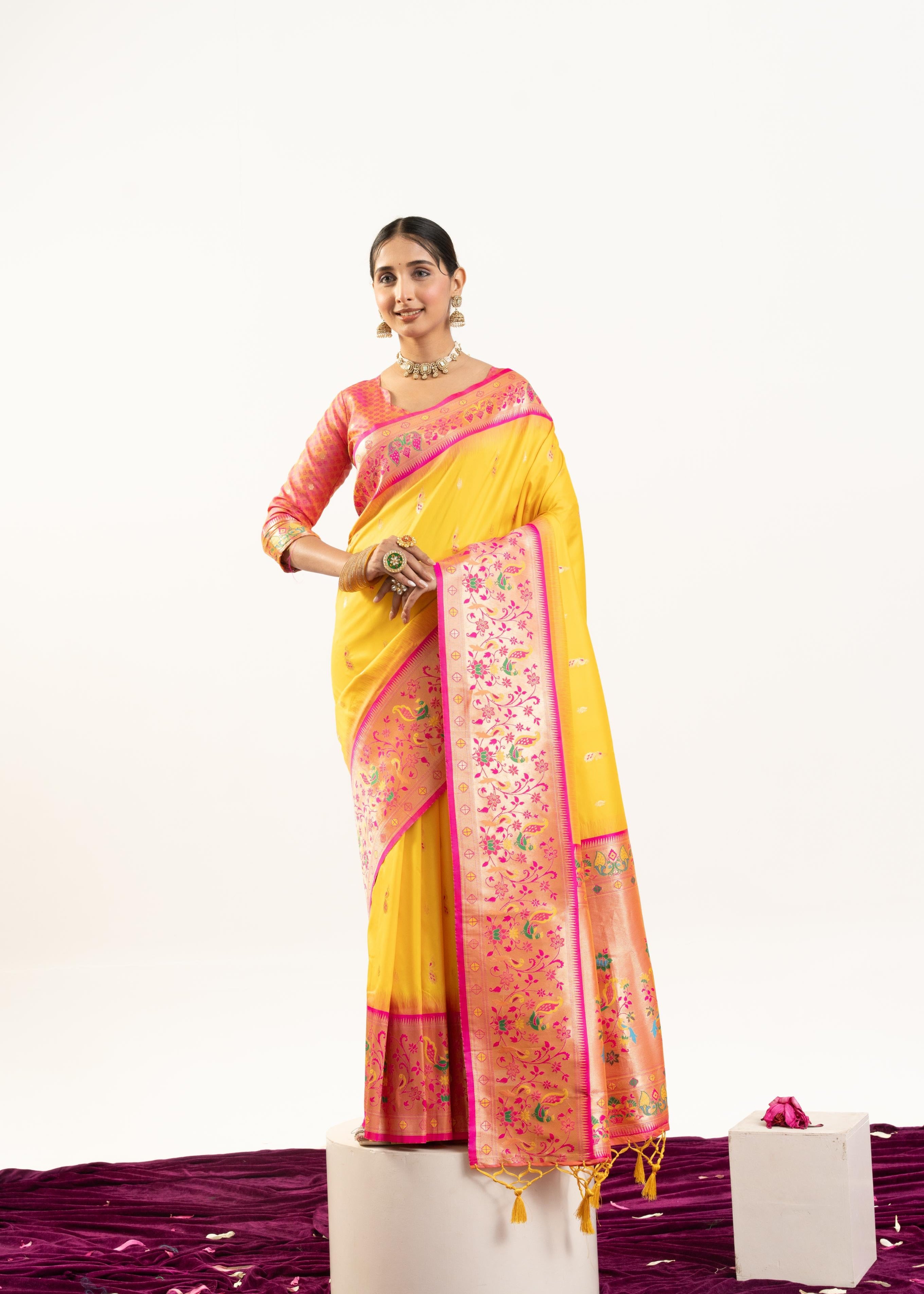Yellow Banarasi Silk Paithani Saree