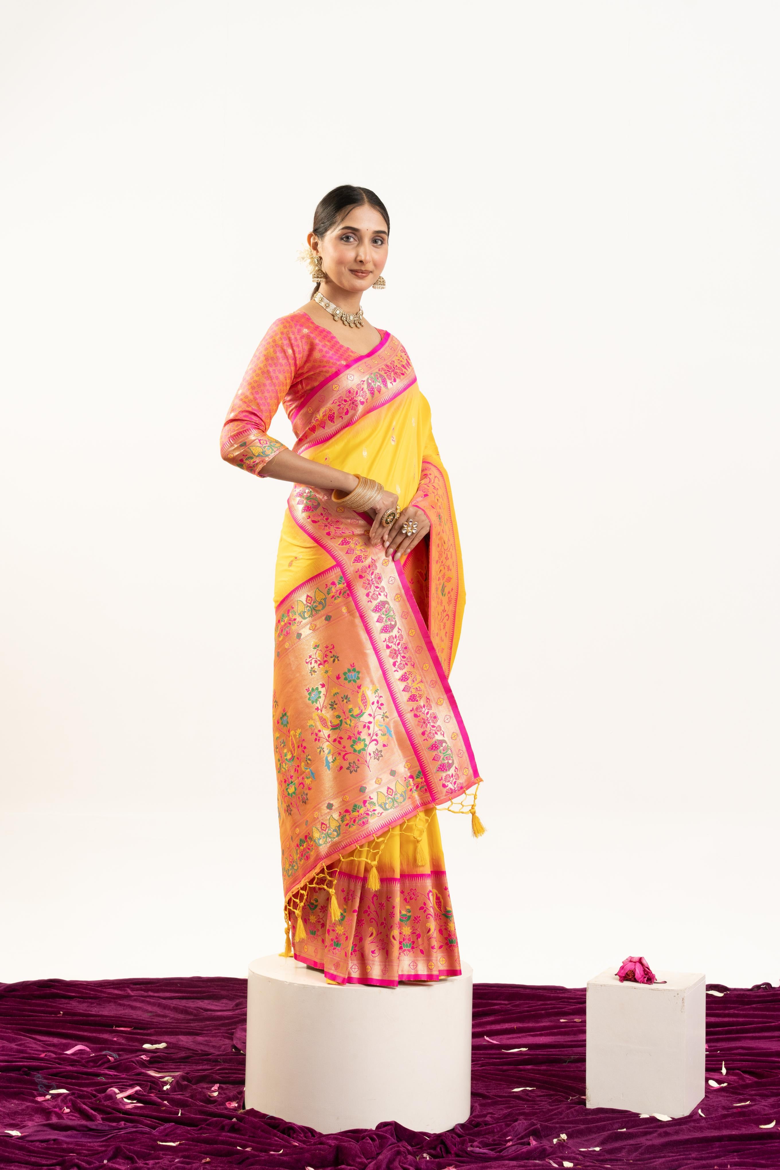 Yellow Banarasi Silk Paithani Saree