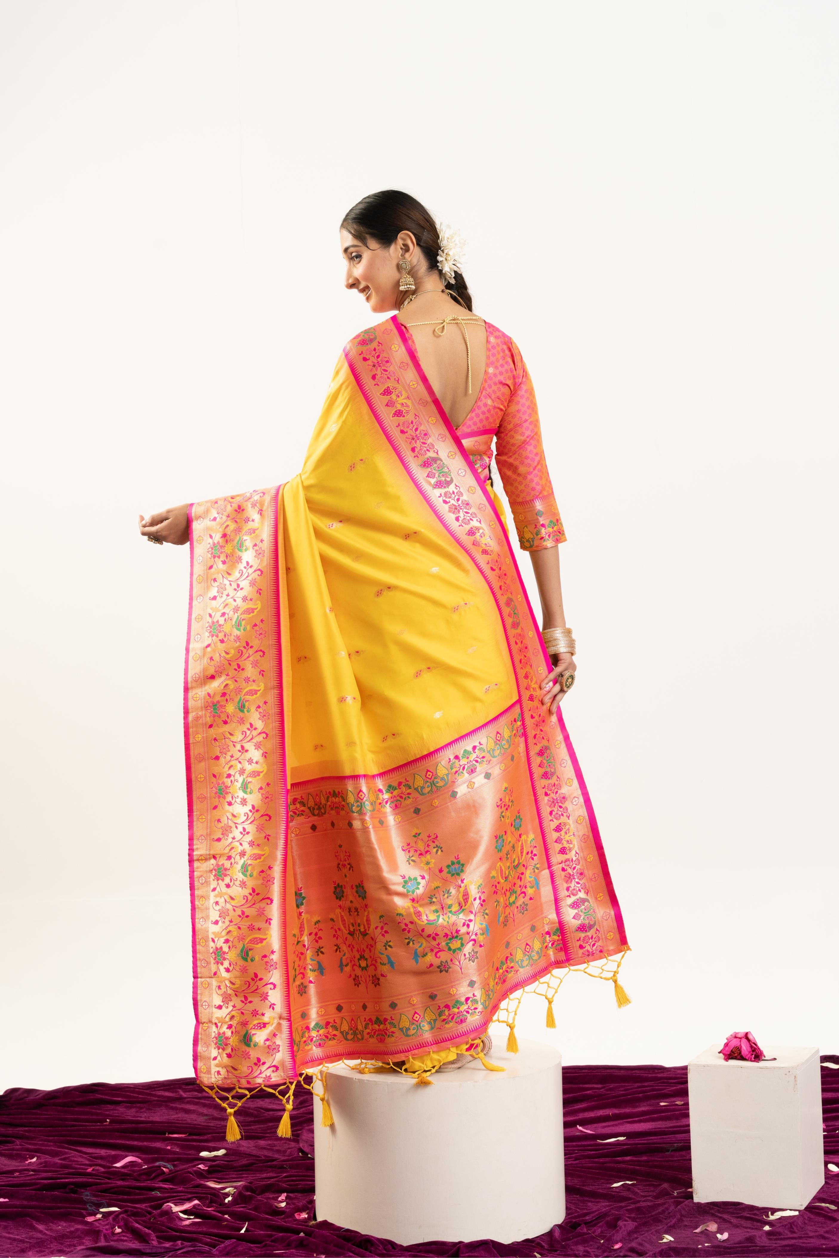 Yellow Banarasi Silk Paithani Saree