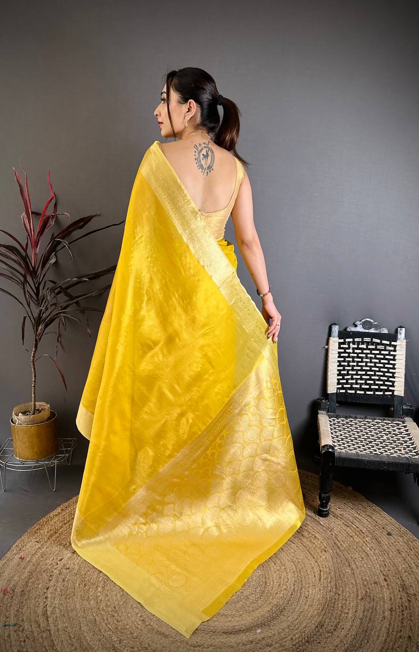 Yellow Banarasi Soft Tissue Silk Saree