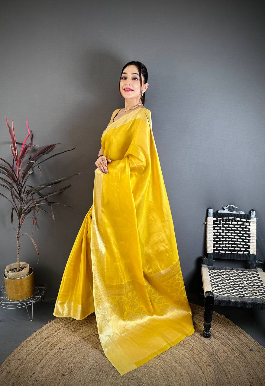 Yellow Banarasi Soft Tissue Silk Saree