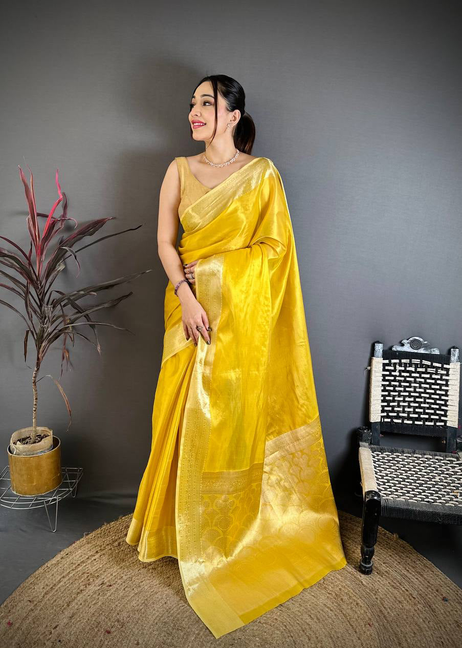 Yellow Banarasi Soft Tissue Silk Saree