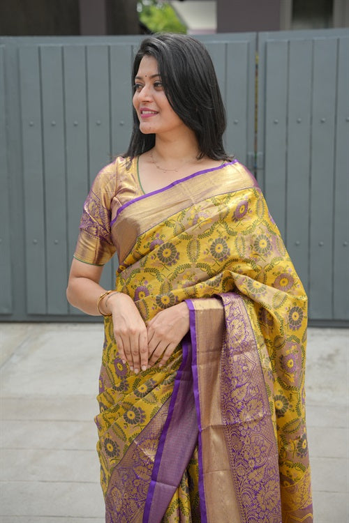 Yellow Bridal Kanjivaram Semi Silk Saree