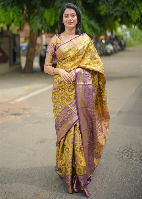 Yellow Bridal Kanjivaram Semi Silk Saree
