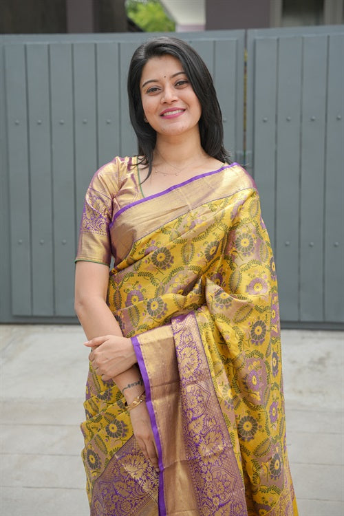 Yellow Bridal Kanjivaram Semi Silk Saree