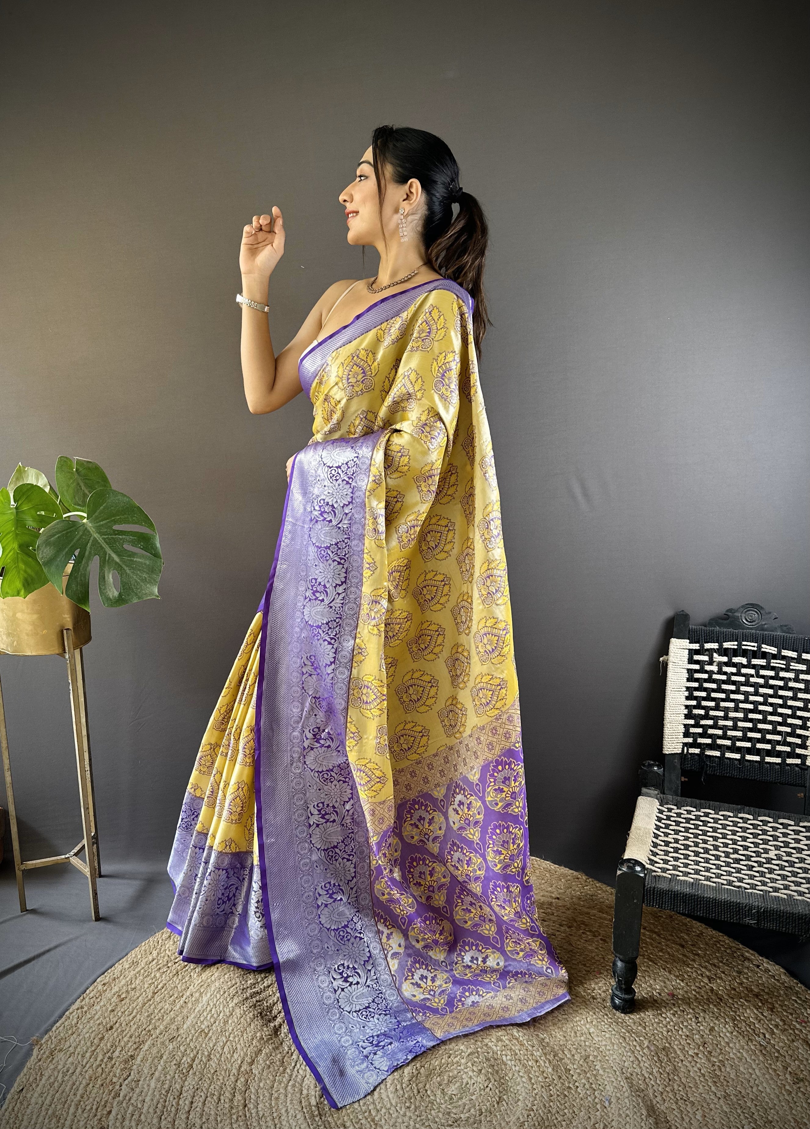 Yellow Kanjivaram Tissue Silk Saree
