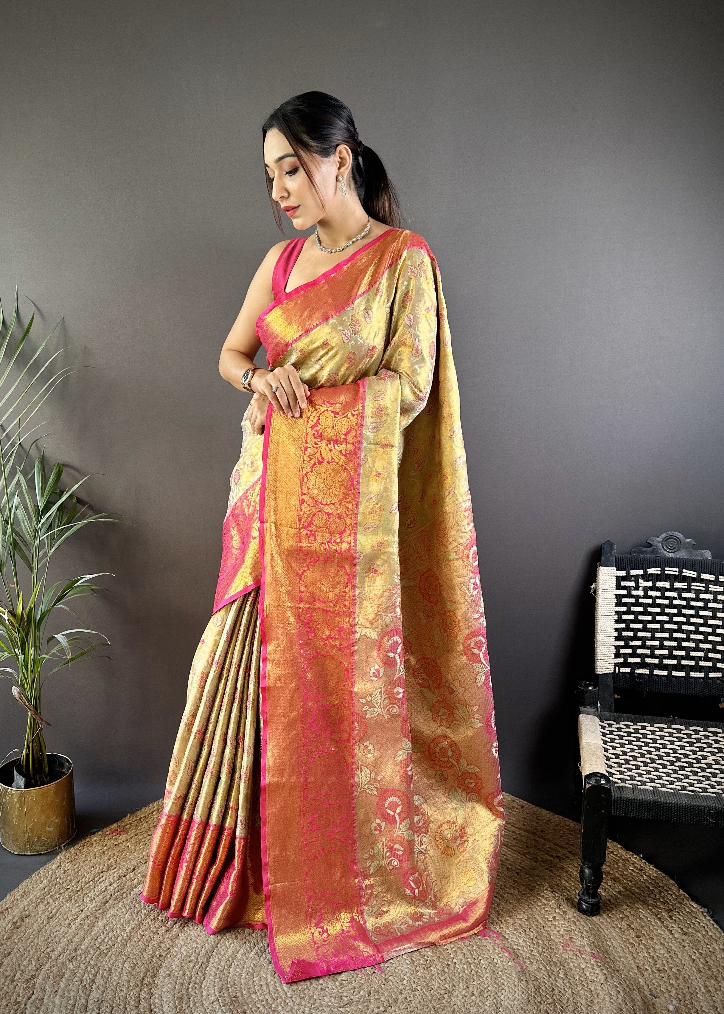 Yellow Kanjivaram Tissue Silk Saree