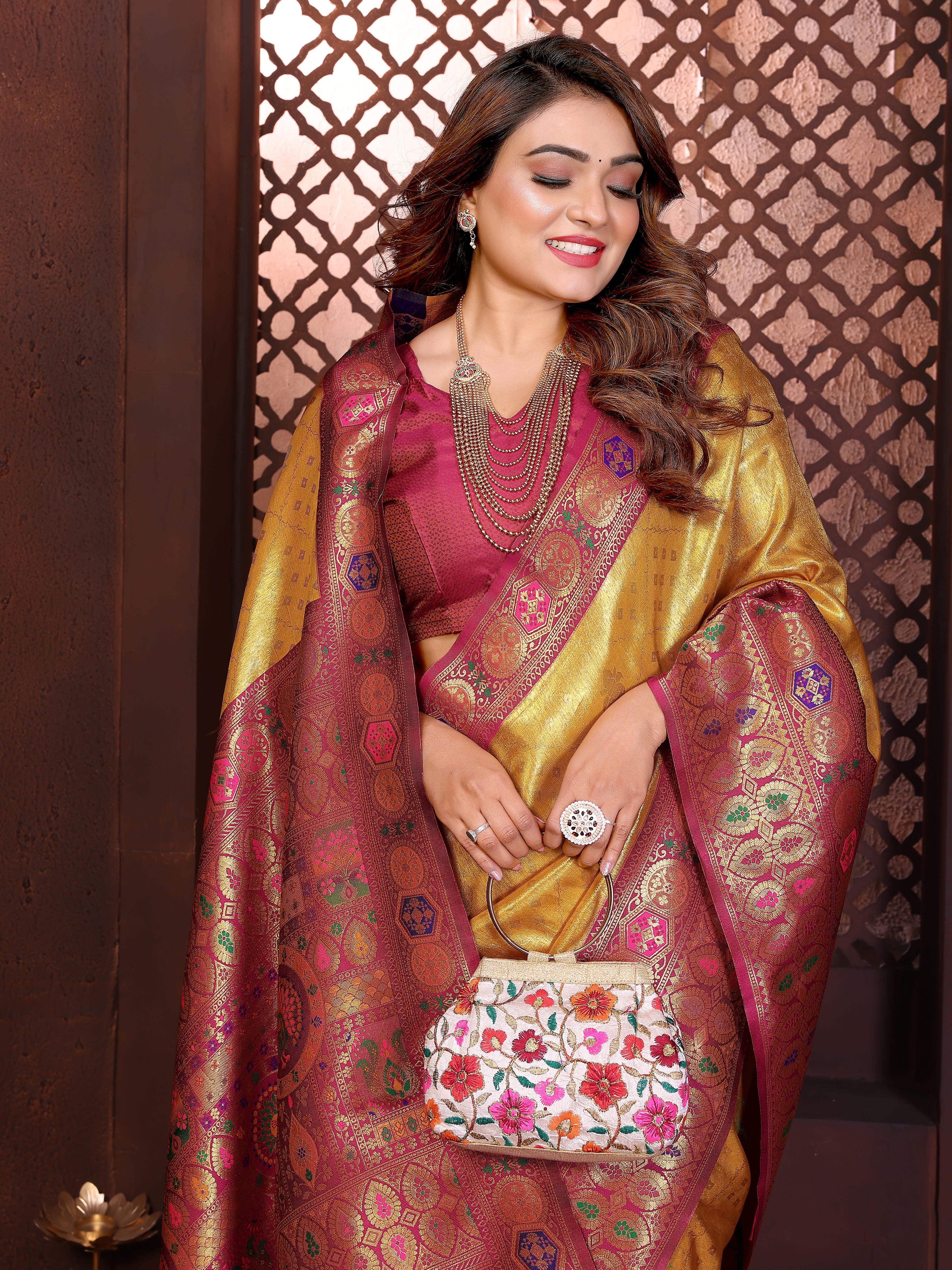 Yellow & Maroon Banarasi Tissue Silk Saree