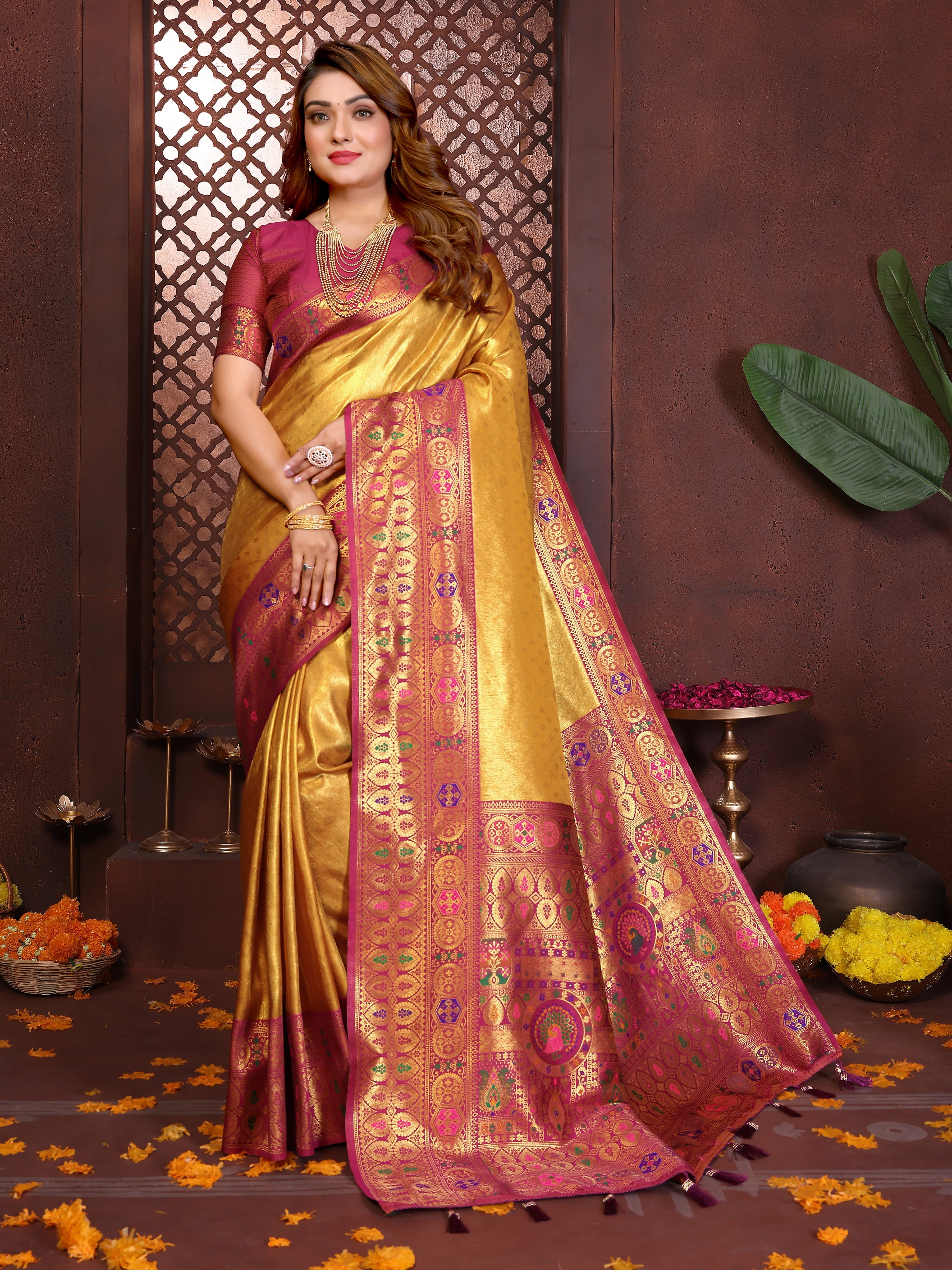 Yellow & Maroon Banarasi Tissue Silk Saree