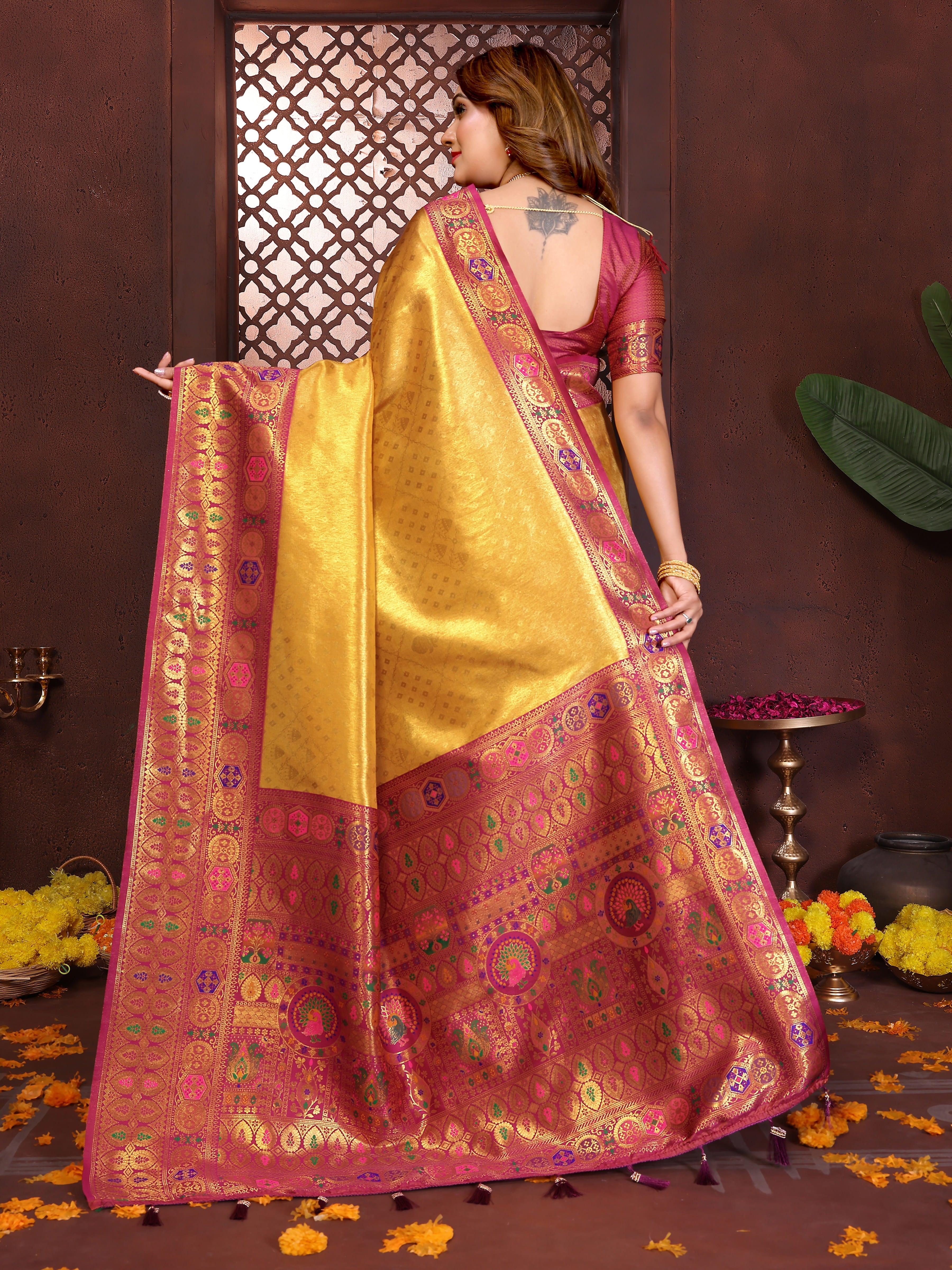 Yellow & Maroon Banarasi Tissue Silk Saree