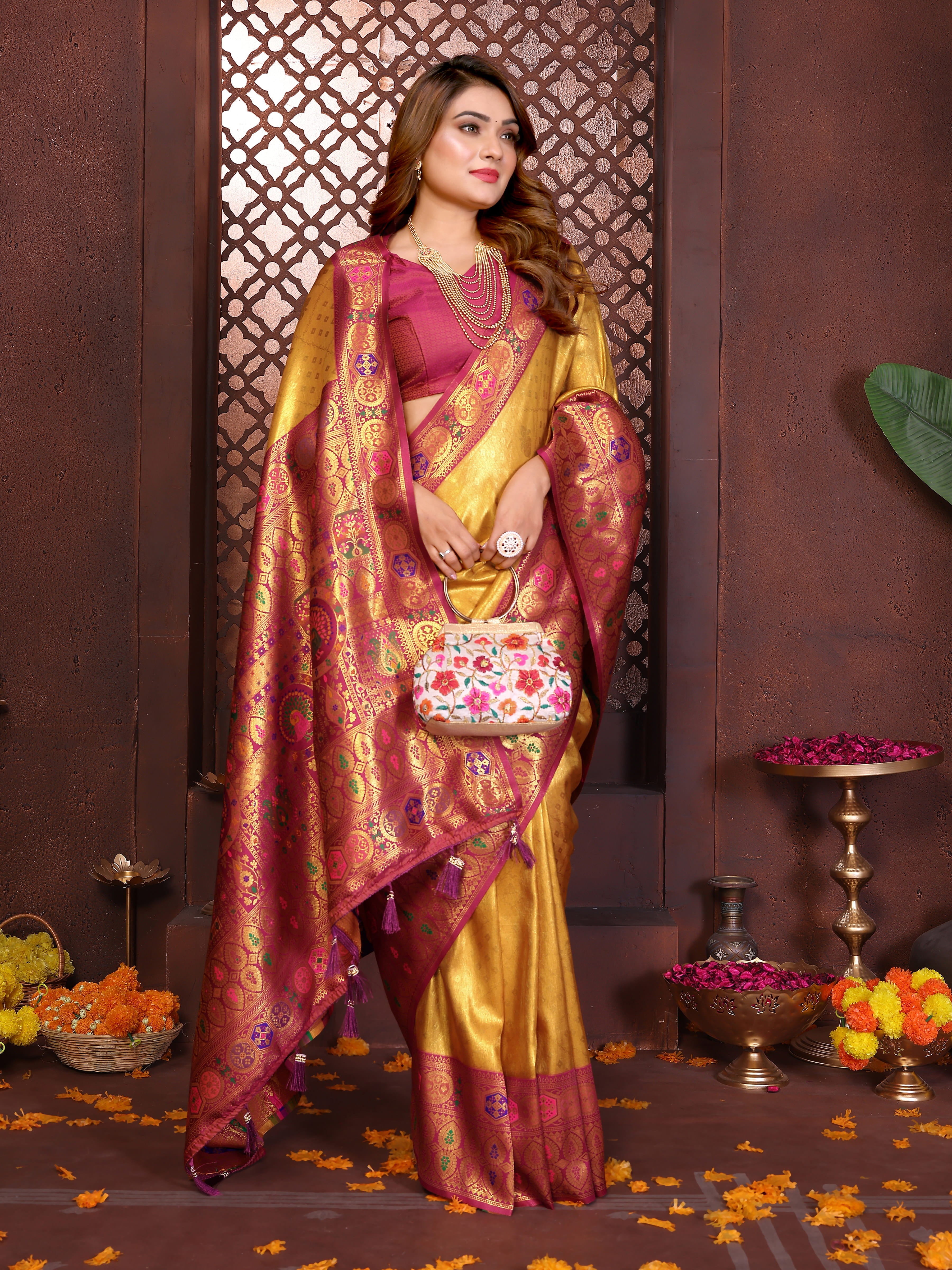 Yellow & Maroon Banarasi Tissue Silk Saree