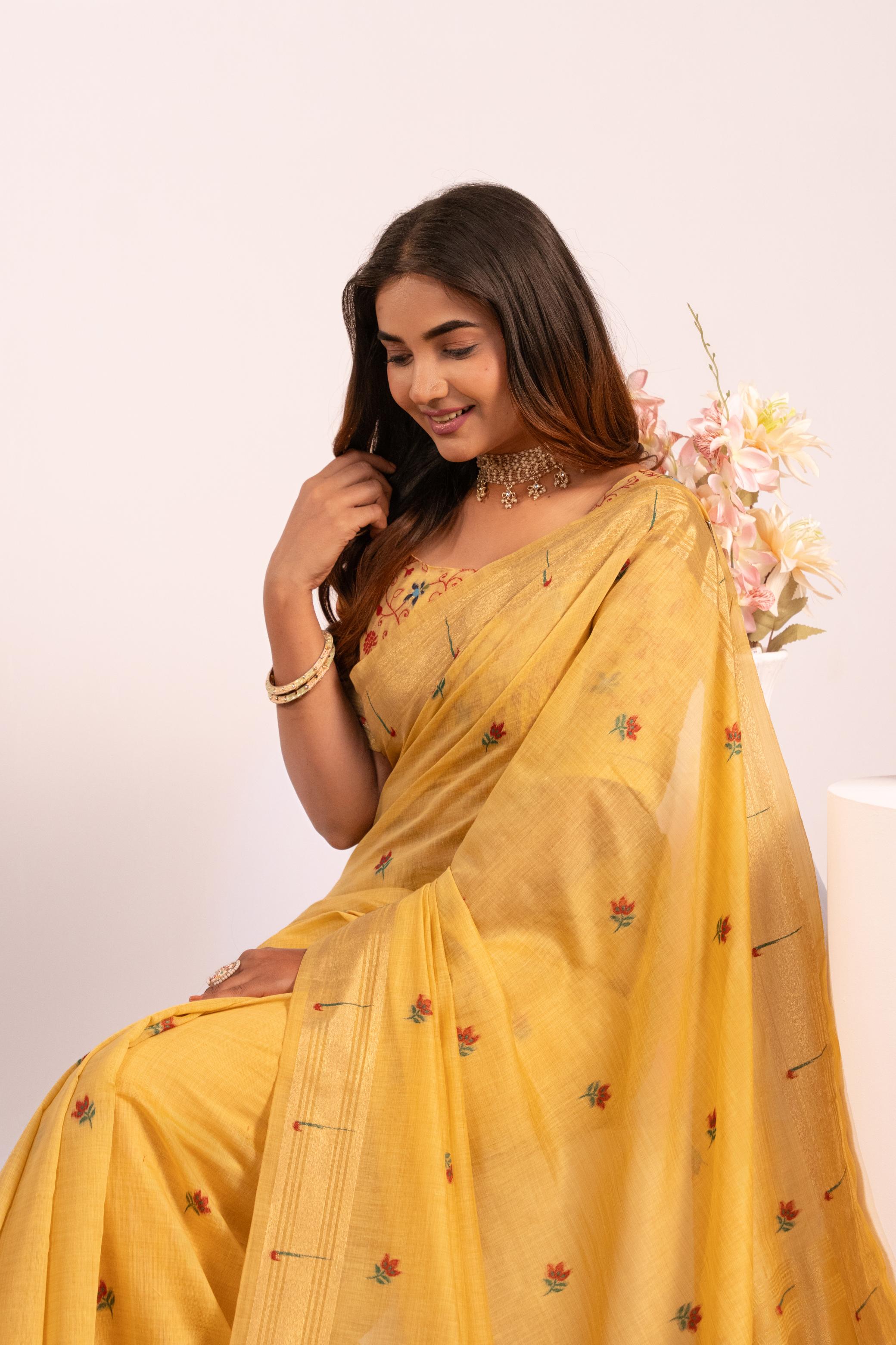 Yellow Muga Cotton Paithani Saree
