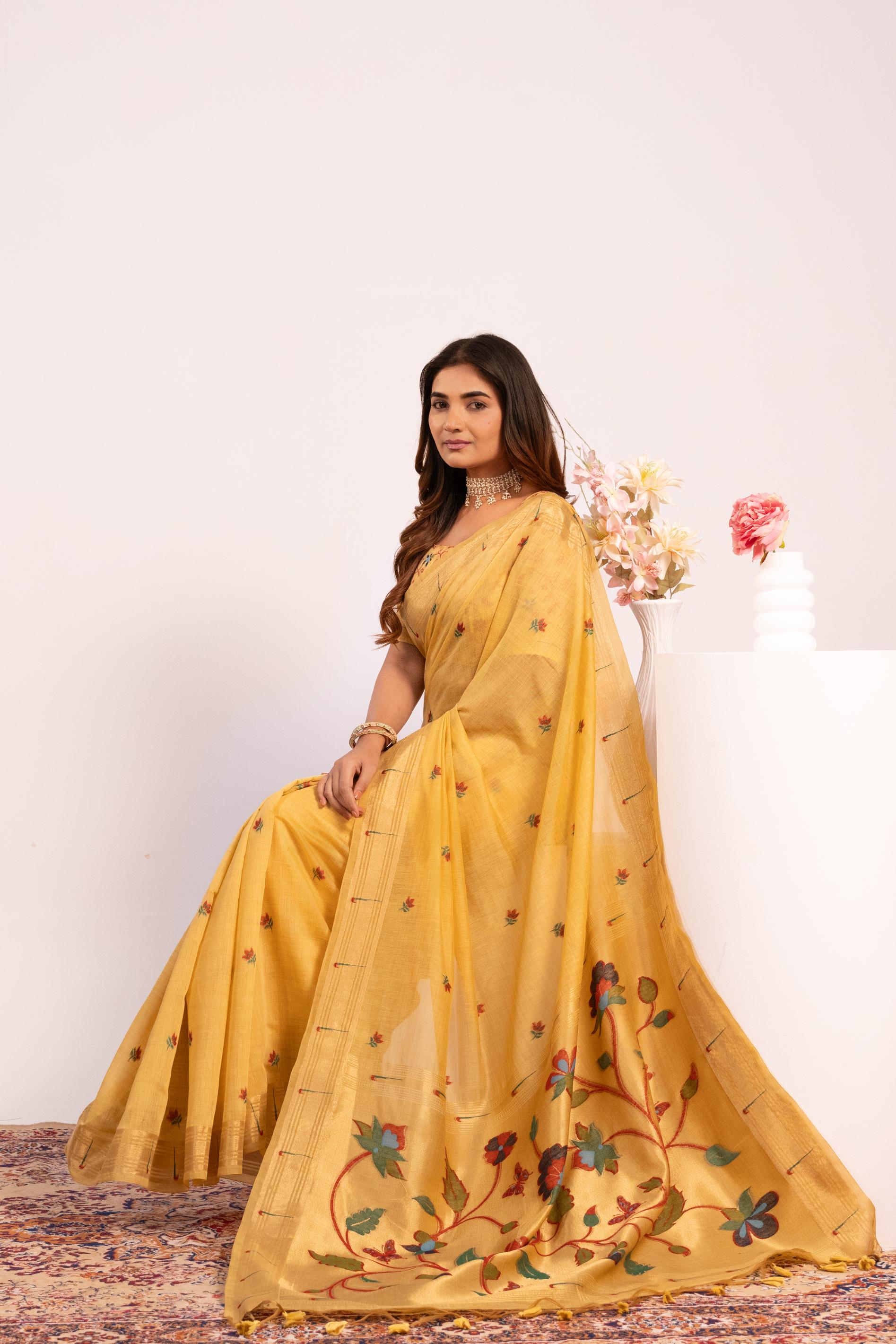 Yellow Muga Cotton Paithani Saree