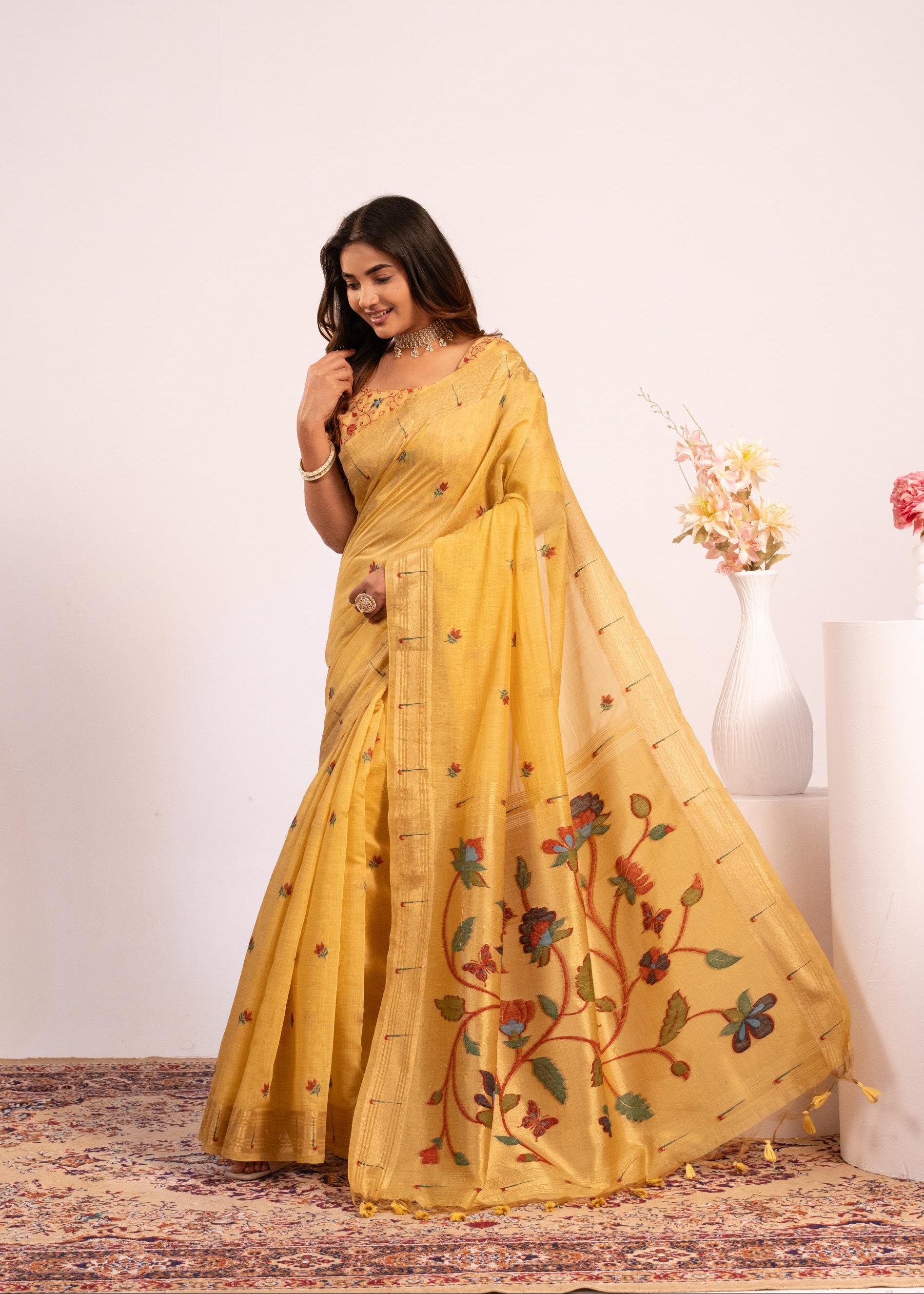 Yellow Muga Cotton Paithani Saree
