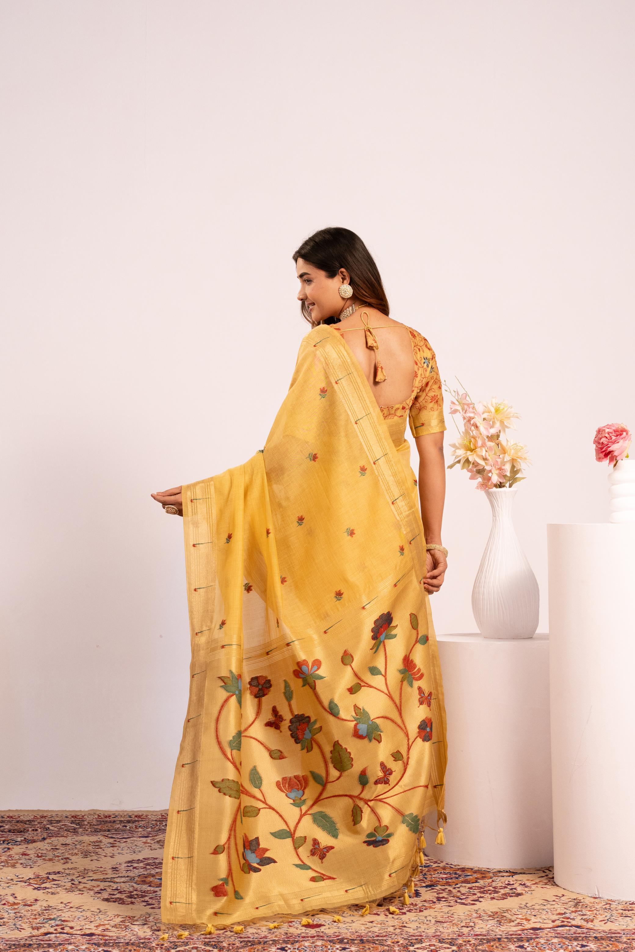 Yellow Muga Cotton Paithani Saree