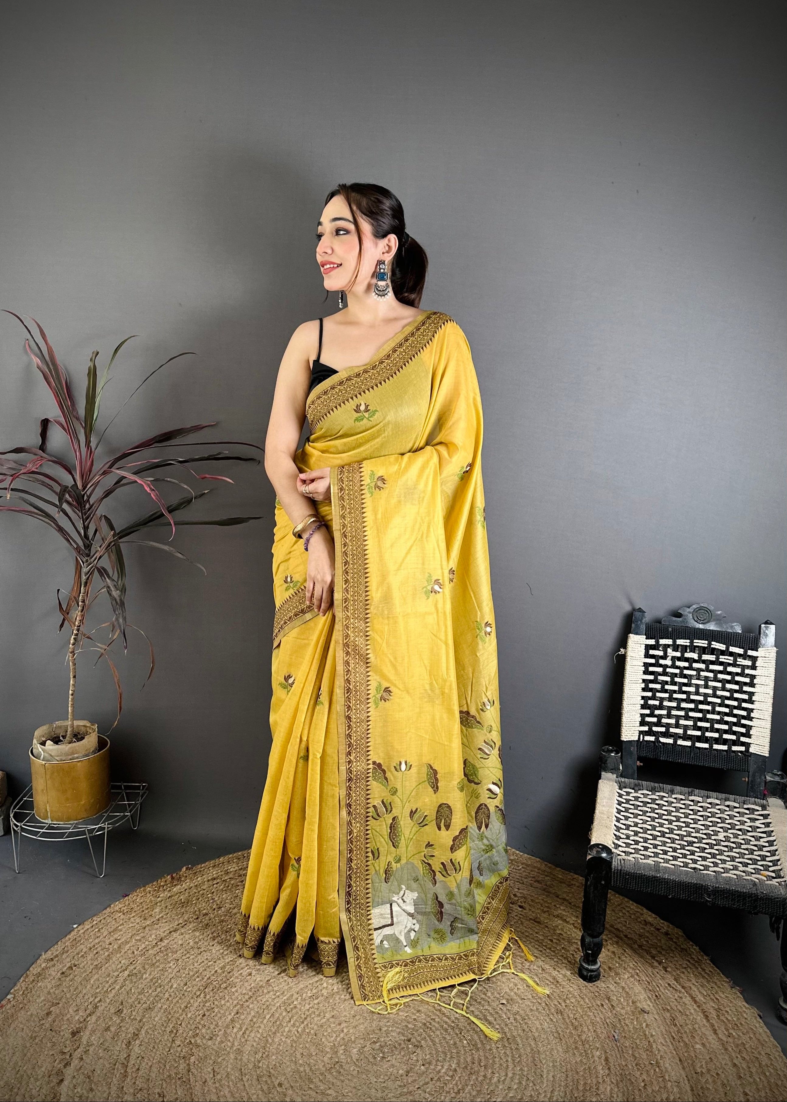 Yellow Nature Inspired Muga Cotton Saree