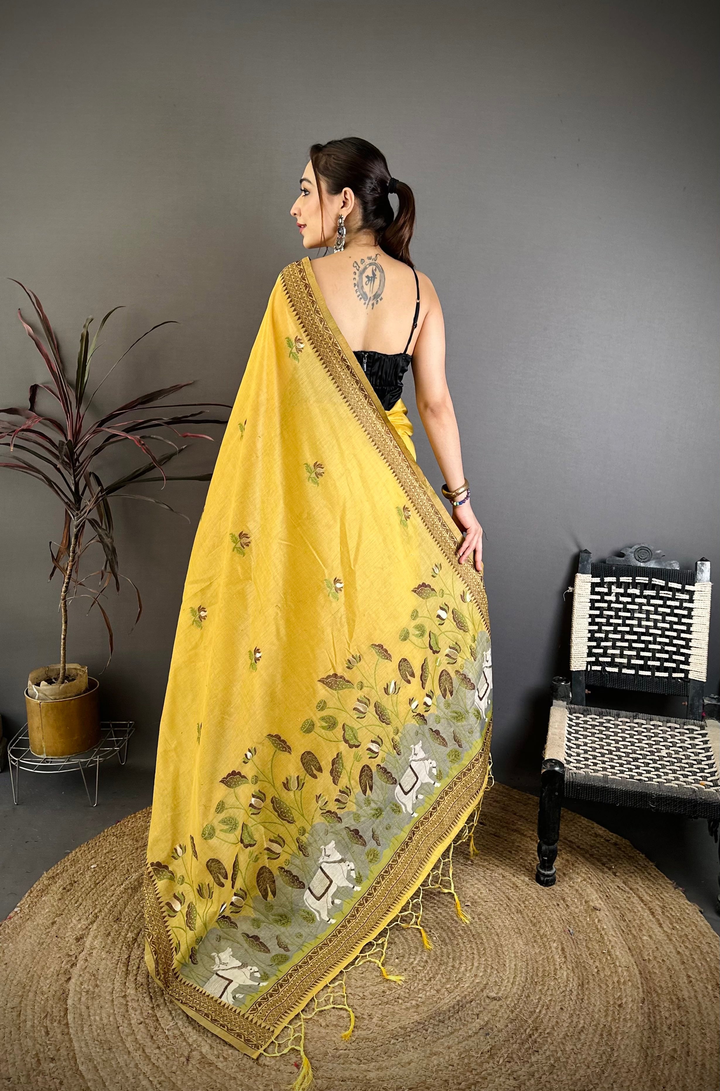 Yellow Nature Inspired Muga Cotton Saree