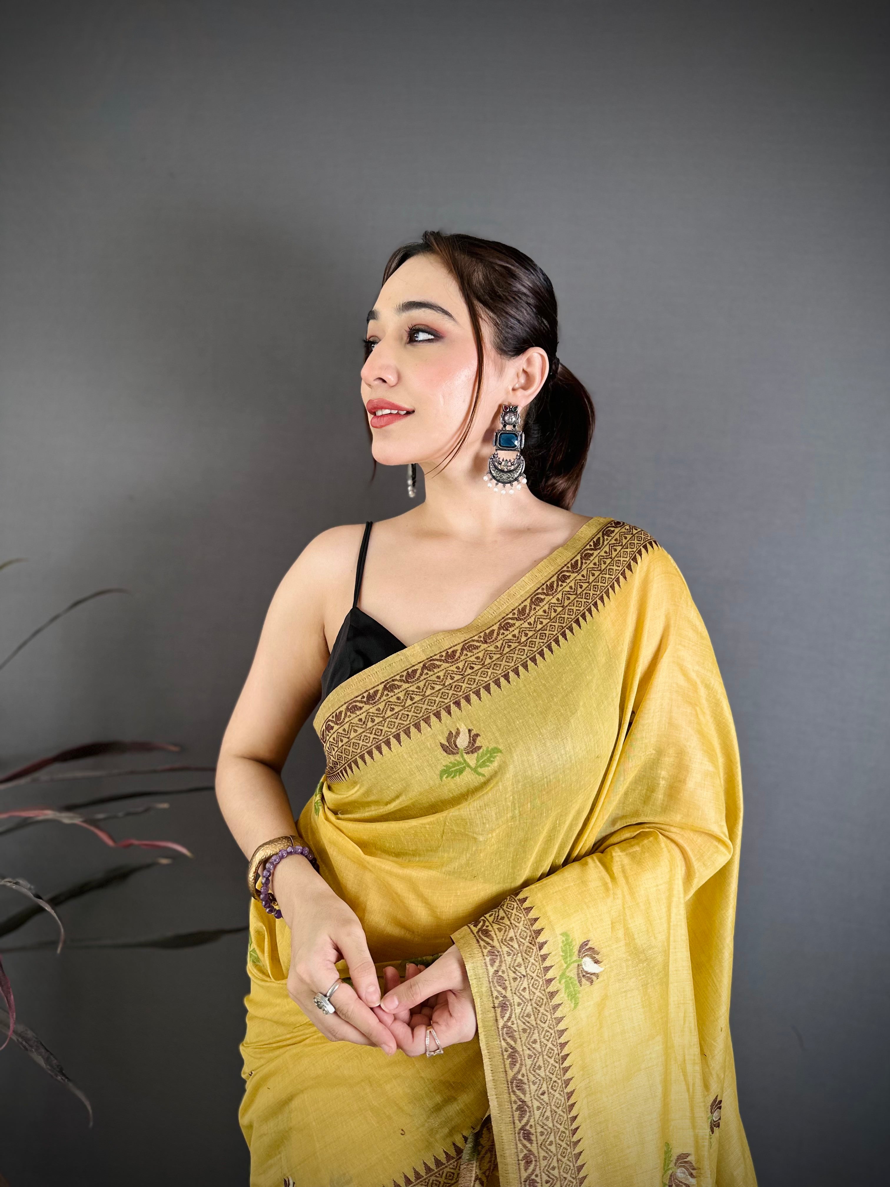 Yellow Nature Inspired Muga Cotton Saree
