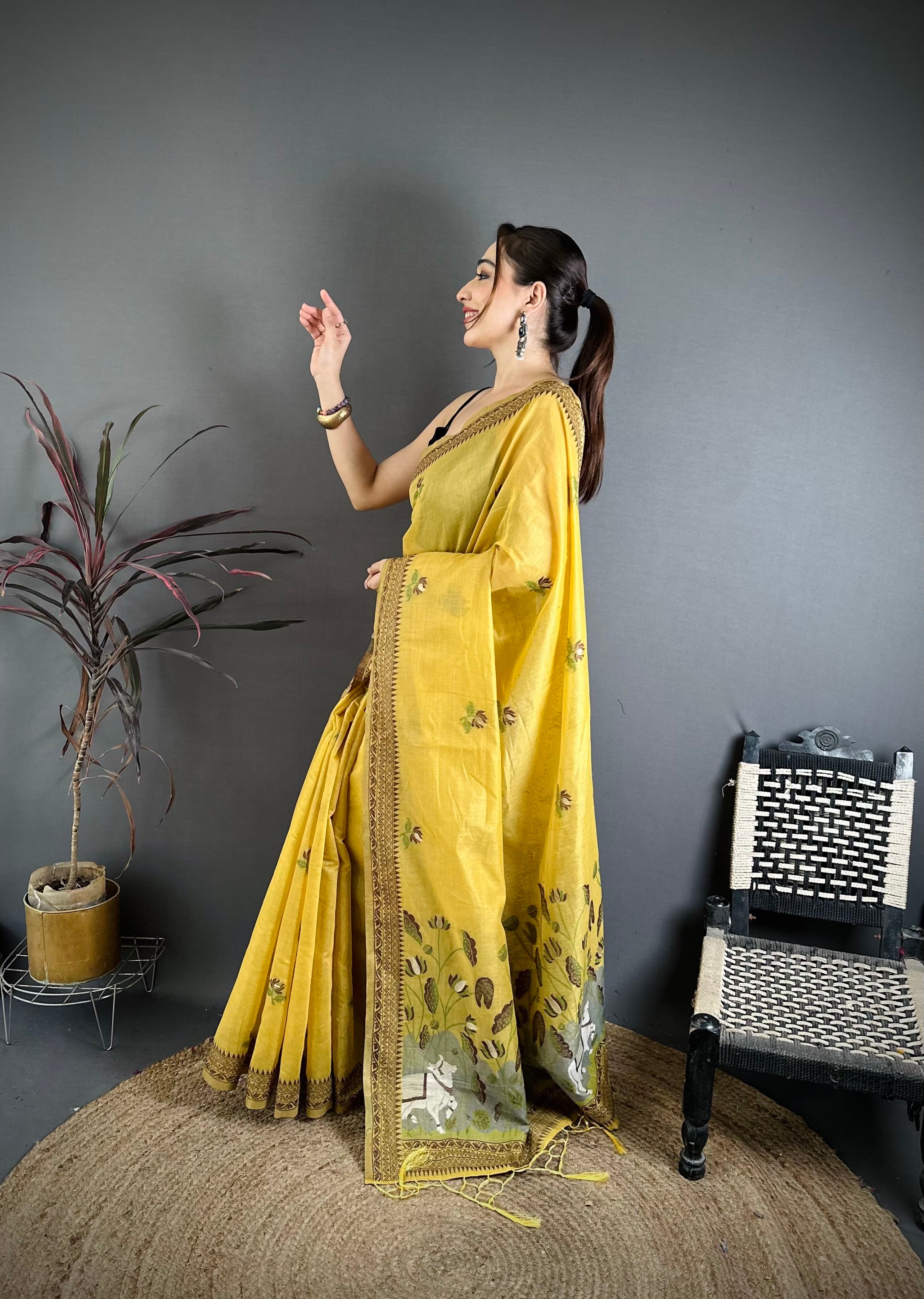 Yellow Nature Inspired Muga Cotton Saree
