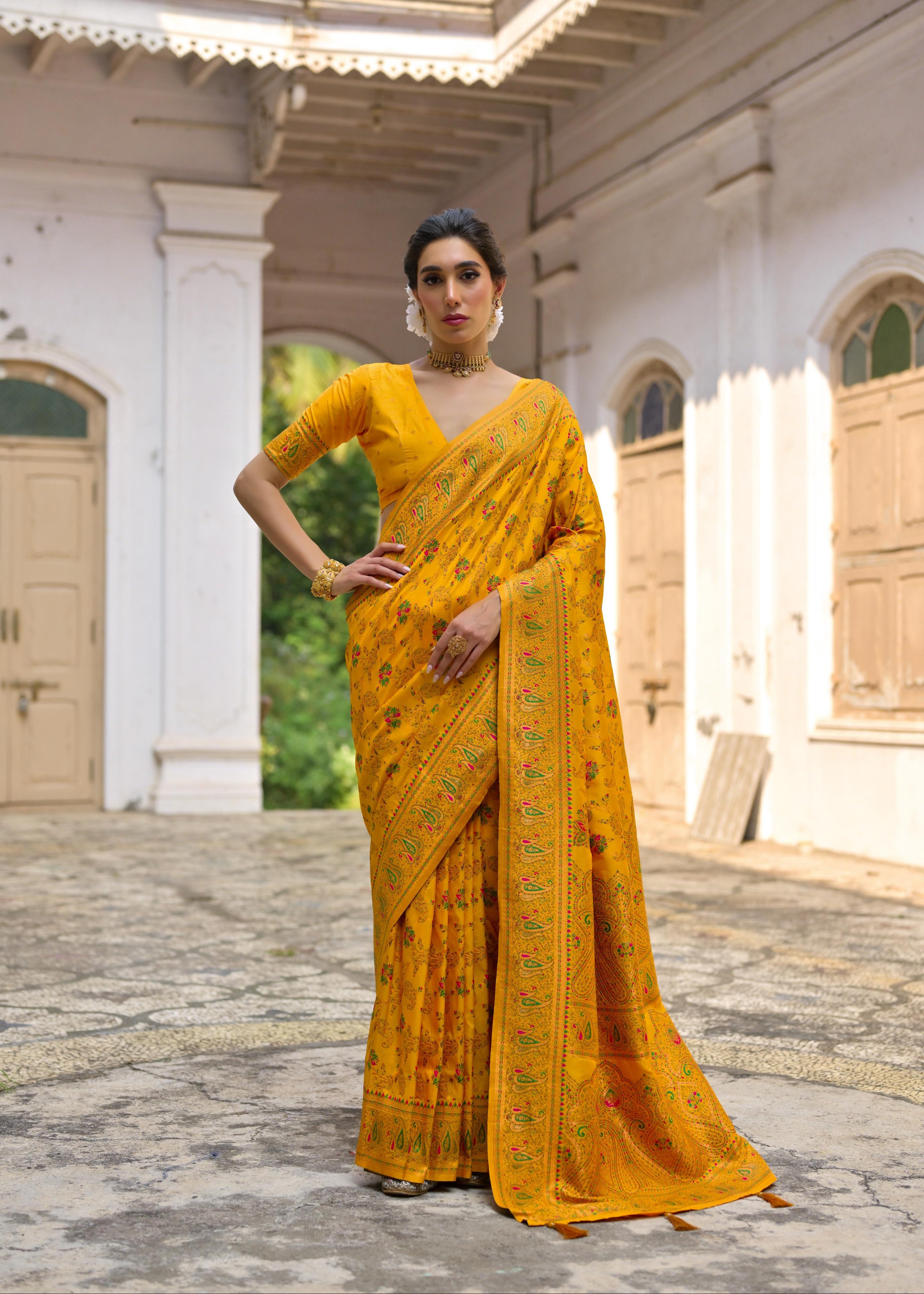 Yellow Pashmina Silk Saree