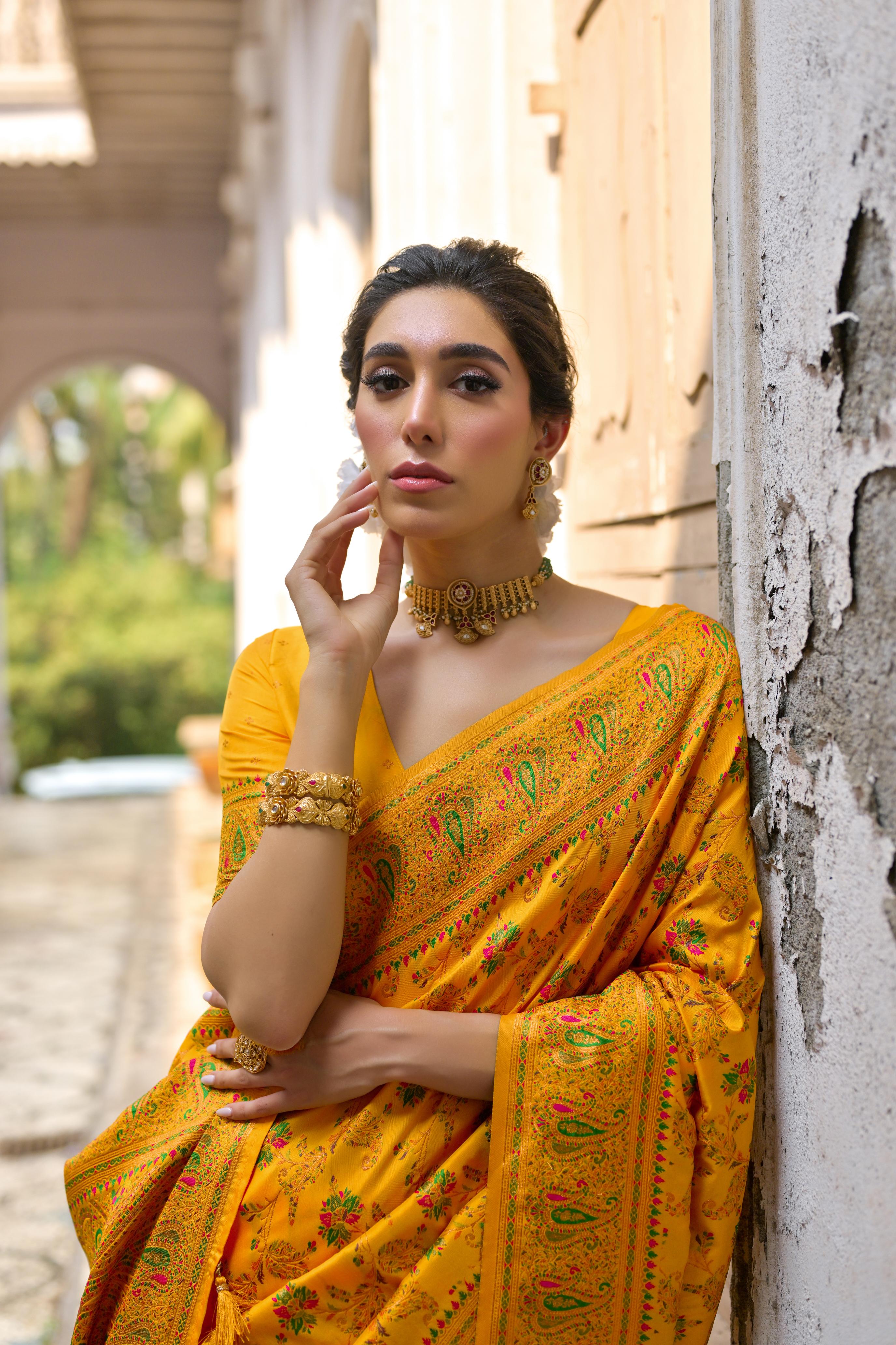 Yellow Pashmina Silk Saree