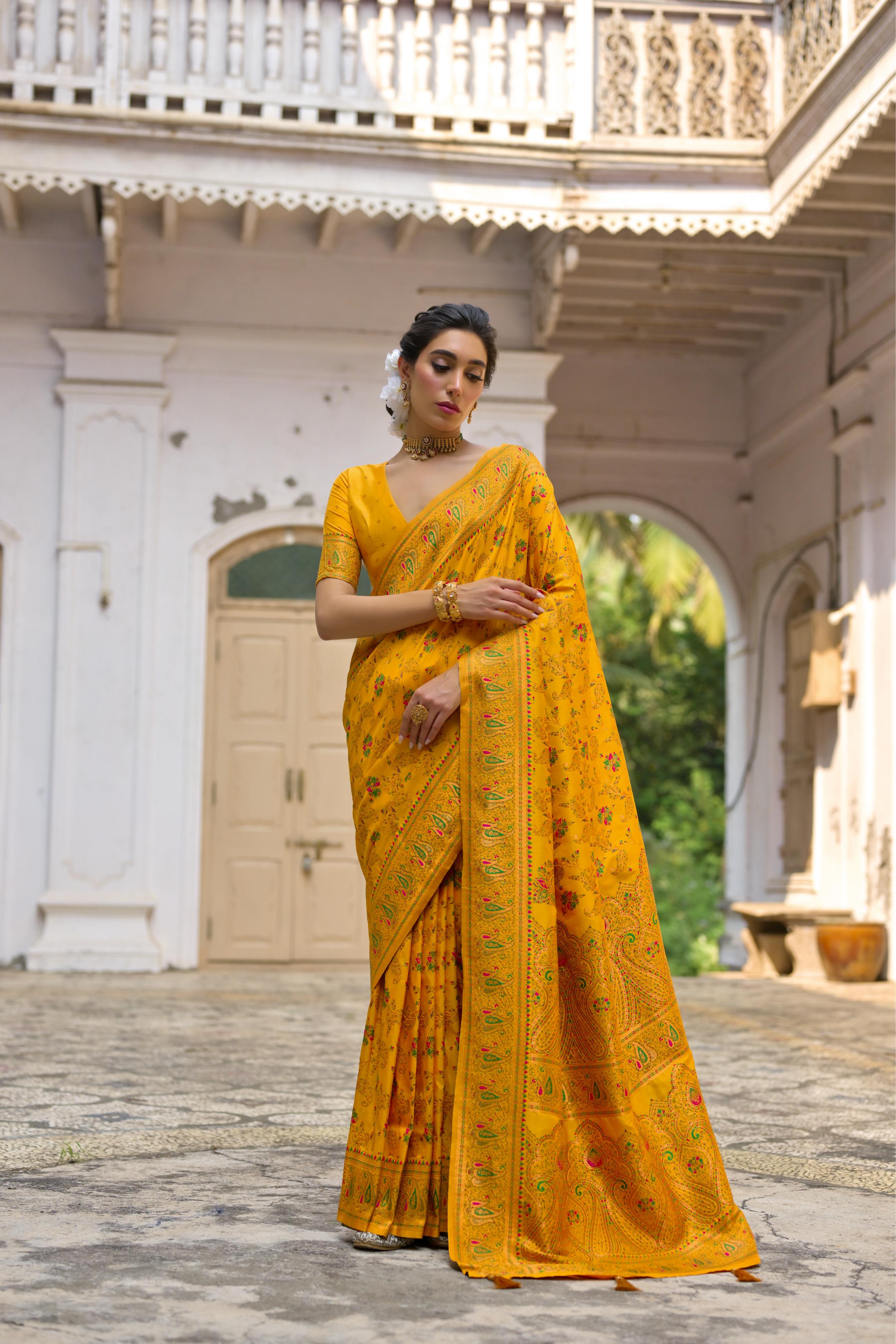 Yellow Pashmina Silk Saree