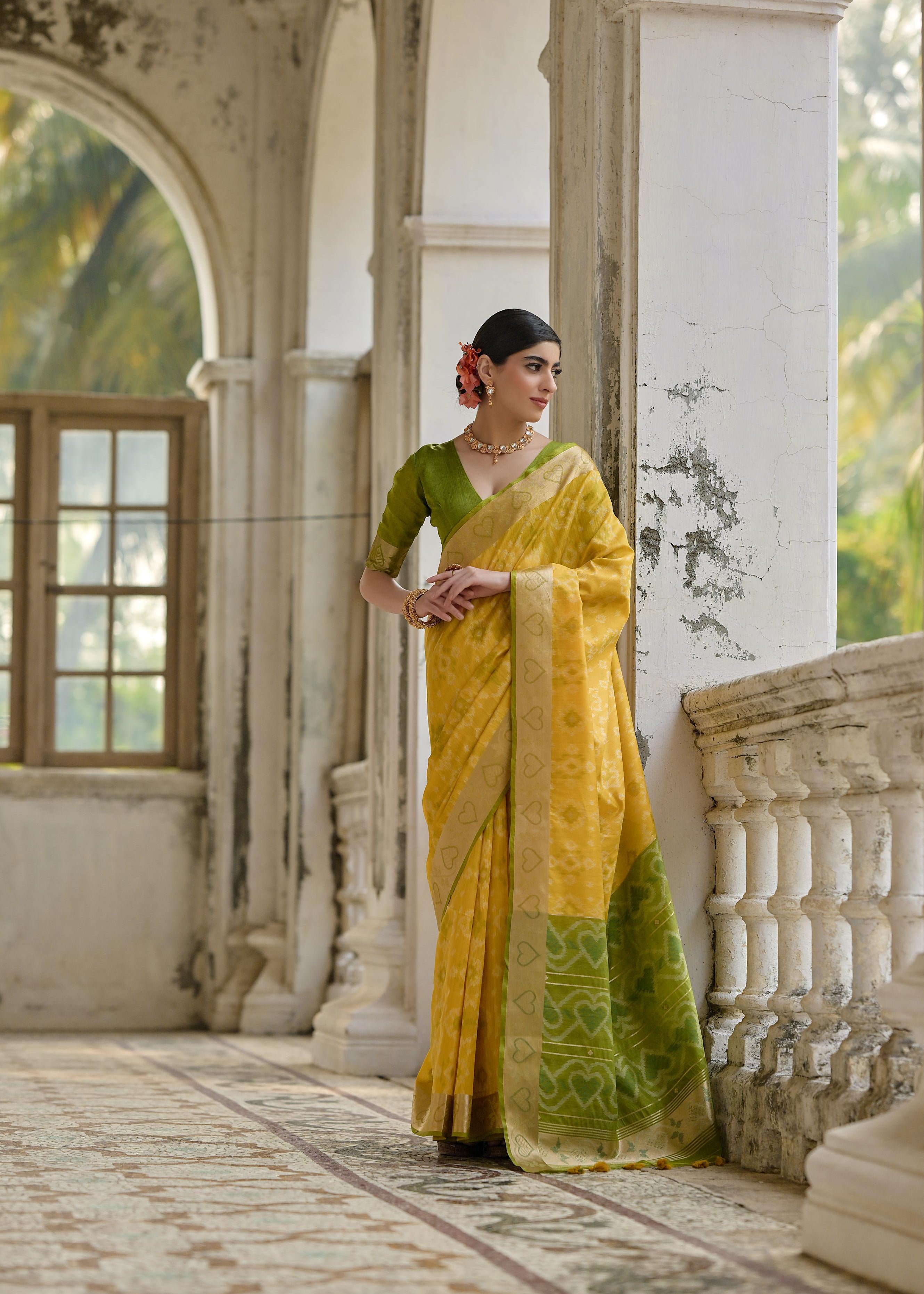 Yellow Pochampali Ikkat Raw Silk Saree