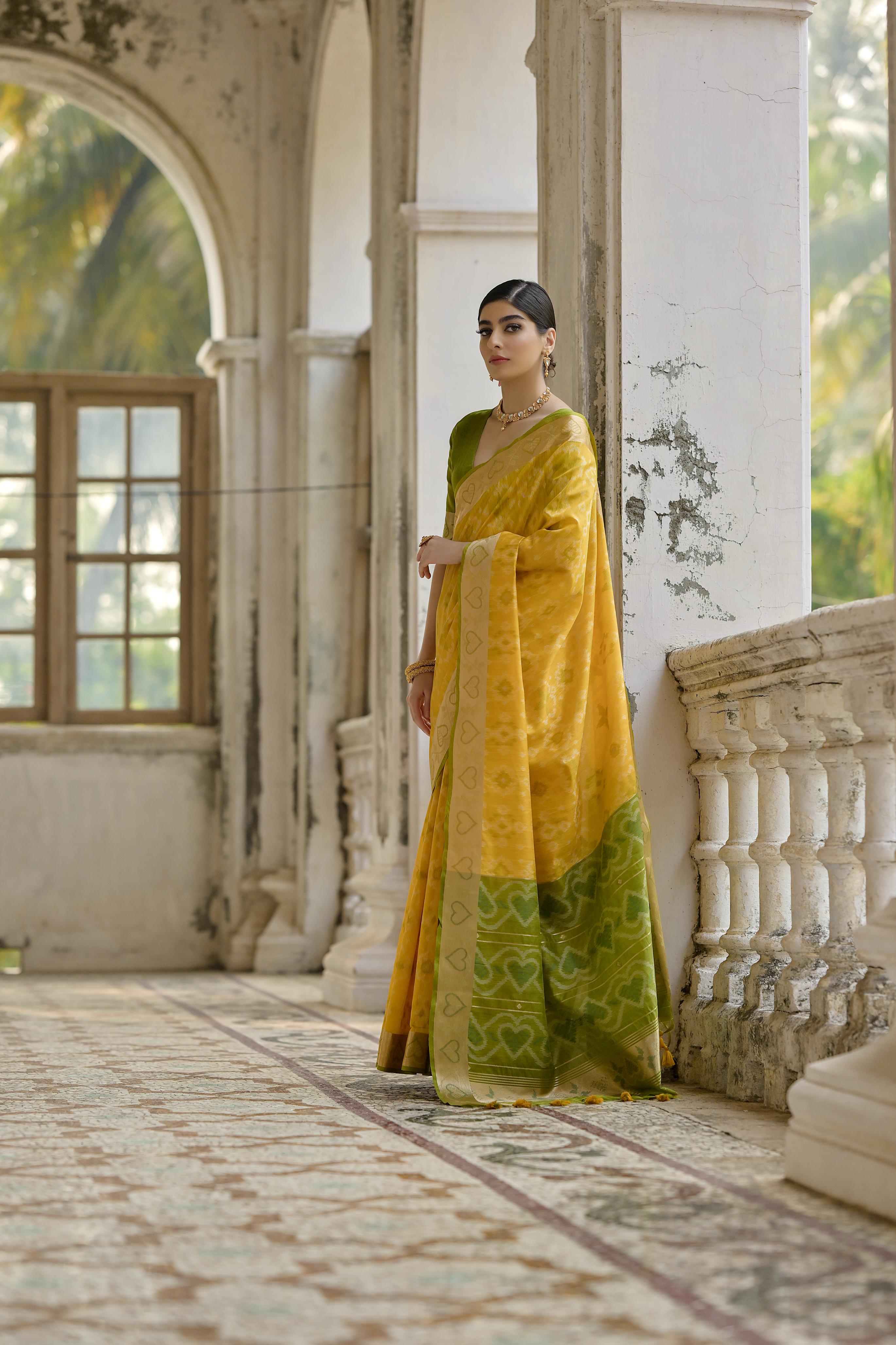 Yellow Pochampali Ikkat Raw Silk Saree