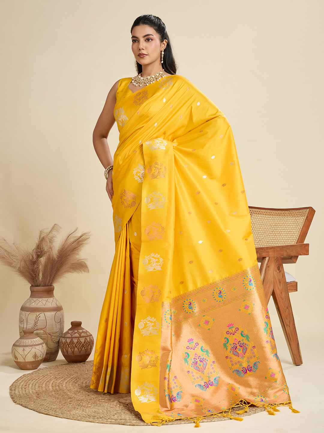 Yellow Pure Soft Kanjivaram Paithani Silk Saree
