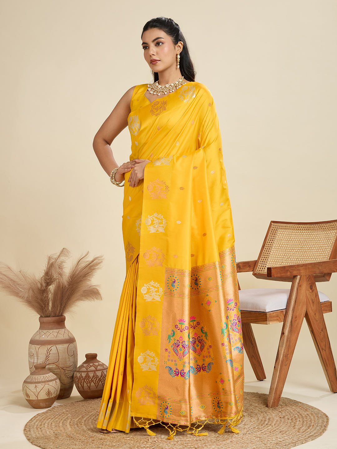 Yellow Pure Soft Kanjivaram Paithani Silk Saree