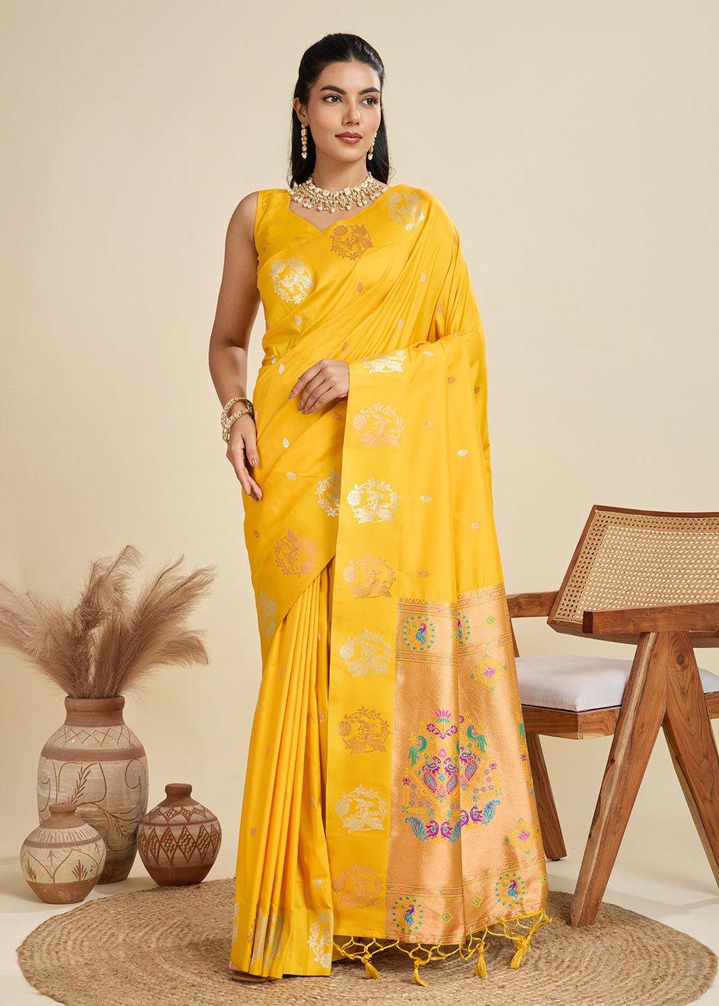 Yellow Pure Soft Kanjivaram Paithani Silk Saree