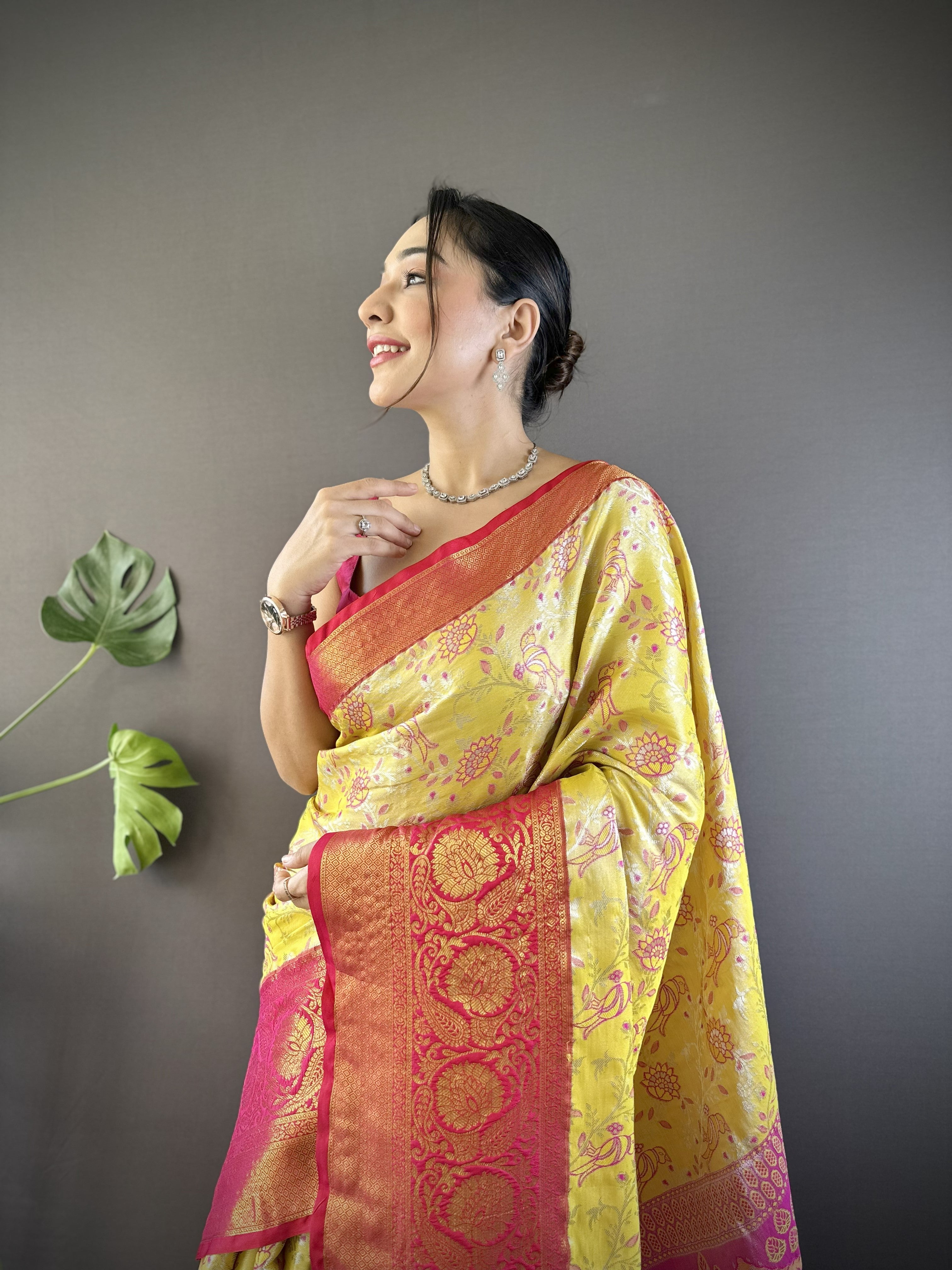 Yellow Red Kanjivaram Tissue Silk Saree